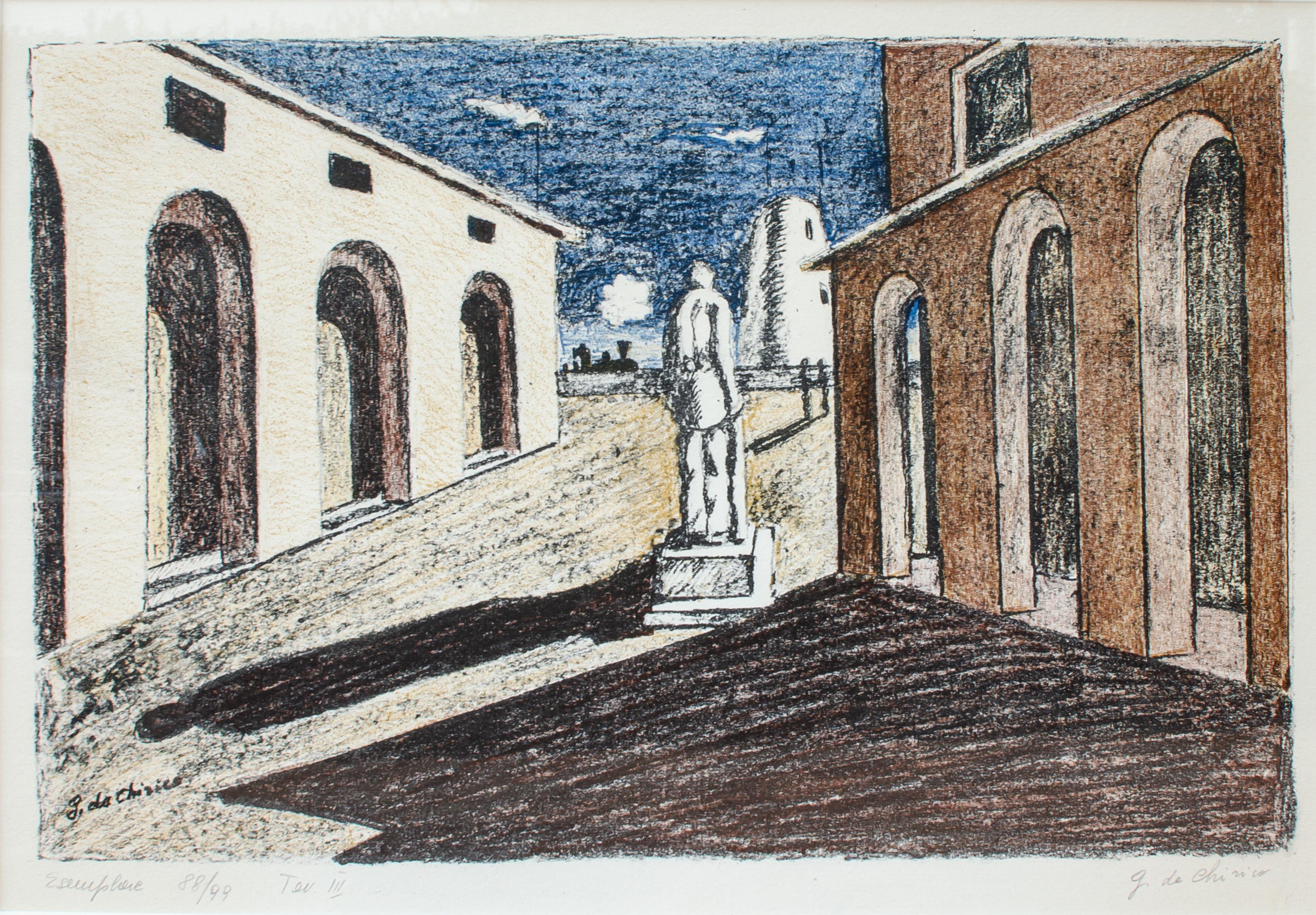 De Chirico Sculpture in Piazza - Lithographie originale - Print de Giorgio De Chirico