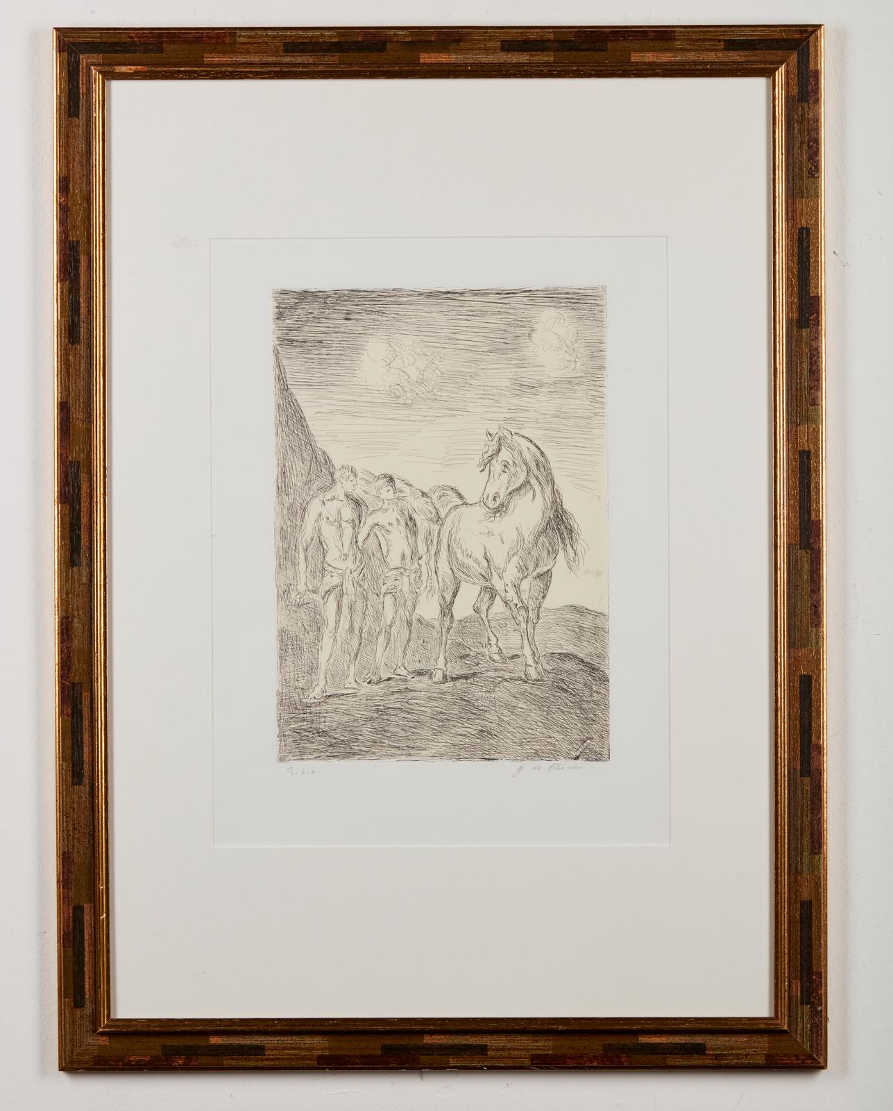 Giorgio De Chirico ( 1888 – 1978 ) – Dioscuri – hand-signed etching – 1969 For Sale 1