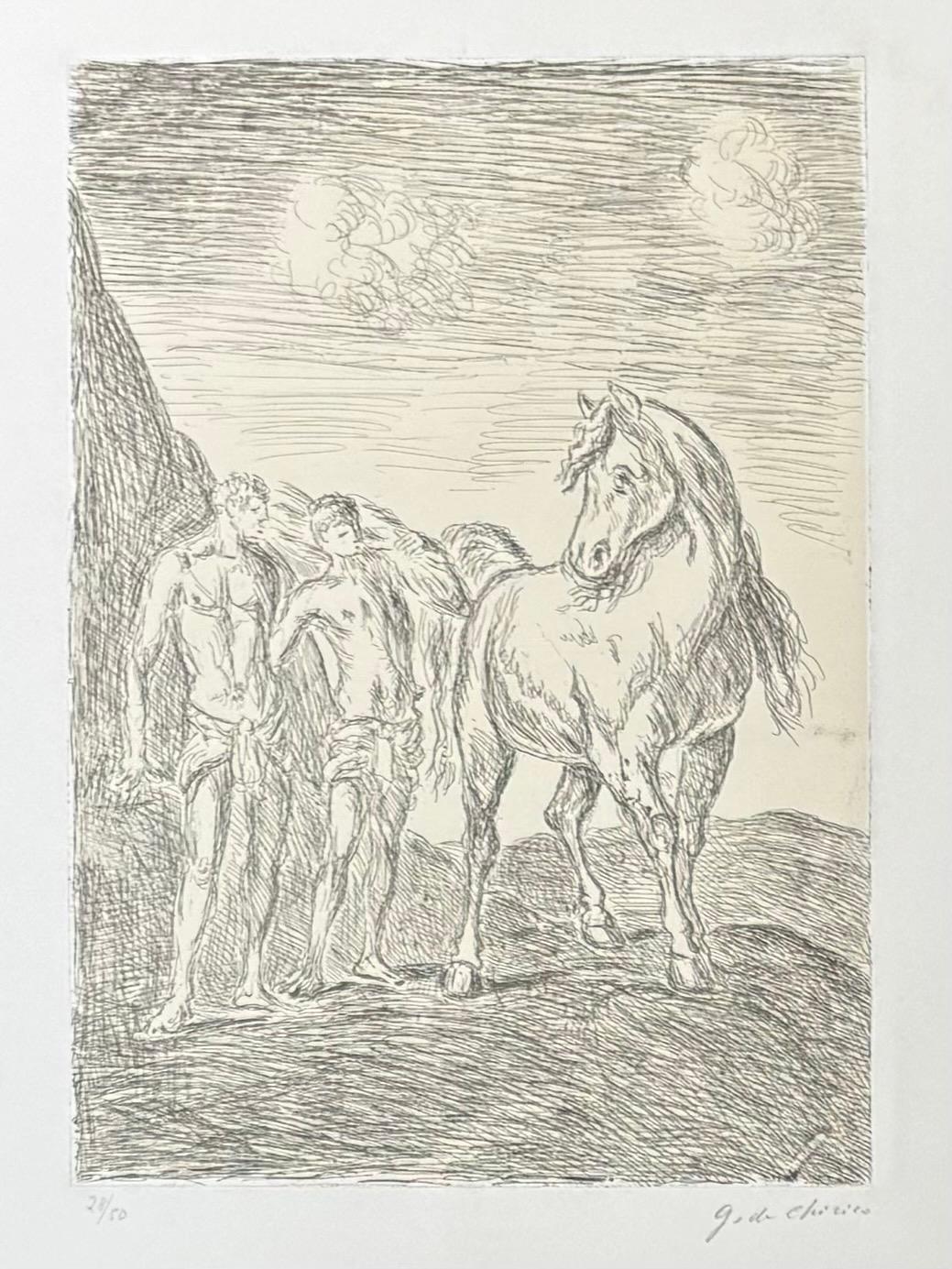 Giorgio De Chirico ( 1888 – 1978 ) – Dioscuri – hand-signed etching – 1969 For Sale 1