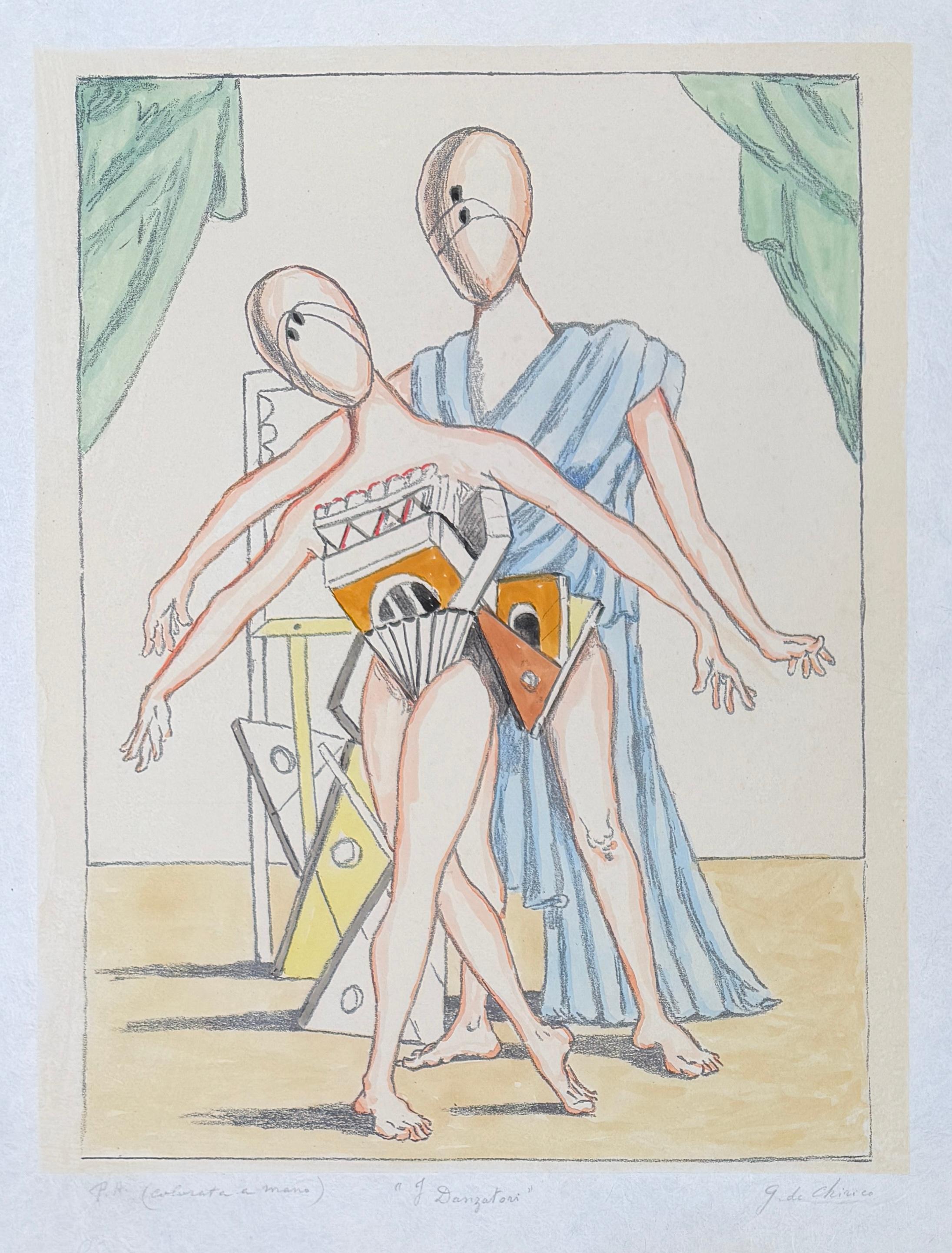 Giorgio De Chirico (1888-1978) - I danzatori - Lithographie handkoloriert vom Künstler im Angebot 1