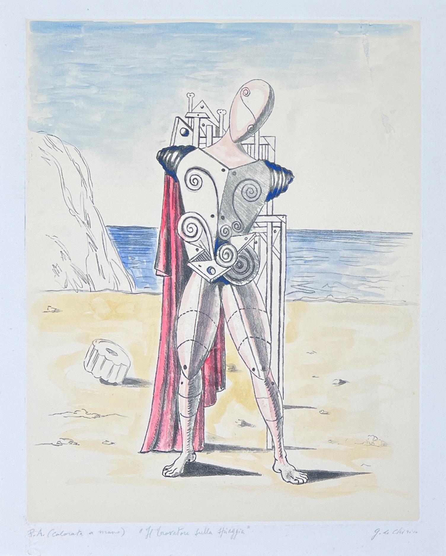 Giorgio De Chirico (1888-1978)-Il trovatore sulla spiaggia eau-forte coloriée à la main 1