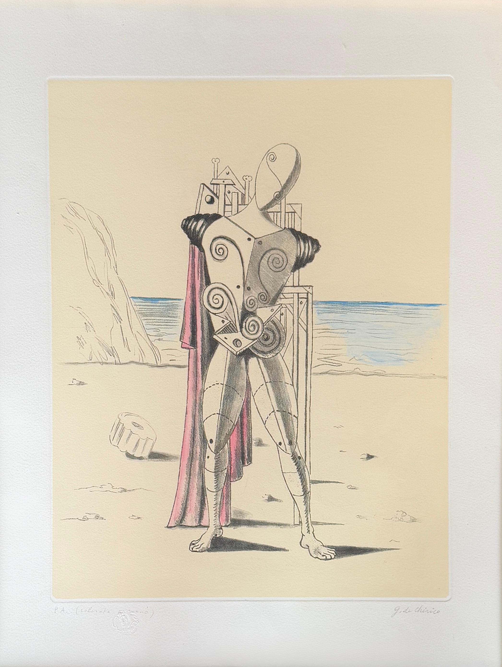 Giorgio de Chirico (1888-1978) -Il trovatore sulla spiaggia - Handkolorierte Radierung (Abstrakt), Print, von Giorgio De Chirico