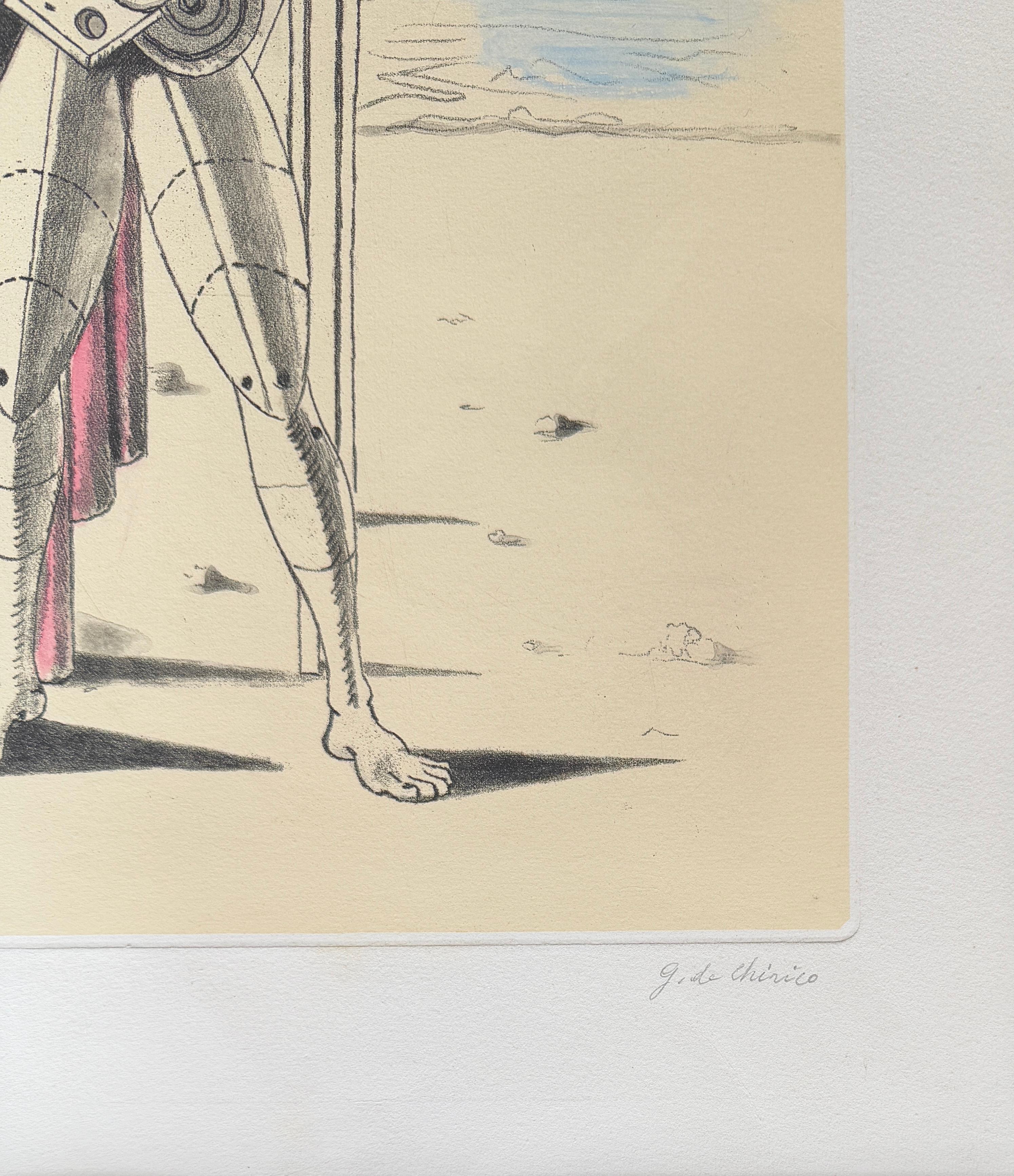 Giorgio de Chirico (1888-1978) -Il trovatore sulla spiaggia - Handkolorierte Radierung im Angebot 1