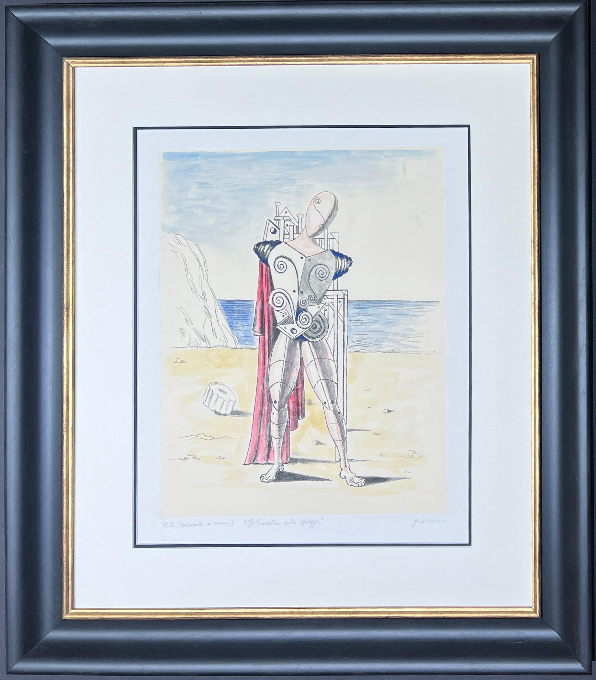 Gravure à l'eau-forte, coloriée à la main par l'artiste, éditée en 1973
"Il Trovatore sulla spiaggia" , l'œuvre la plus représentée de Giorgio De Chirico
signée au crayon par l'artiste et numérotée :
PA coloré à la main (épreuve d'artiste)
format du