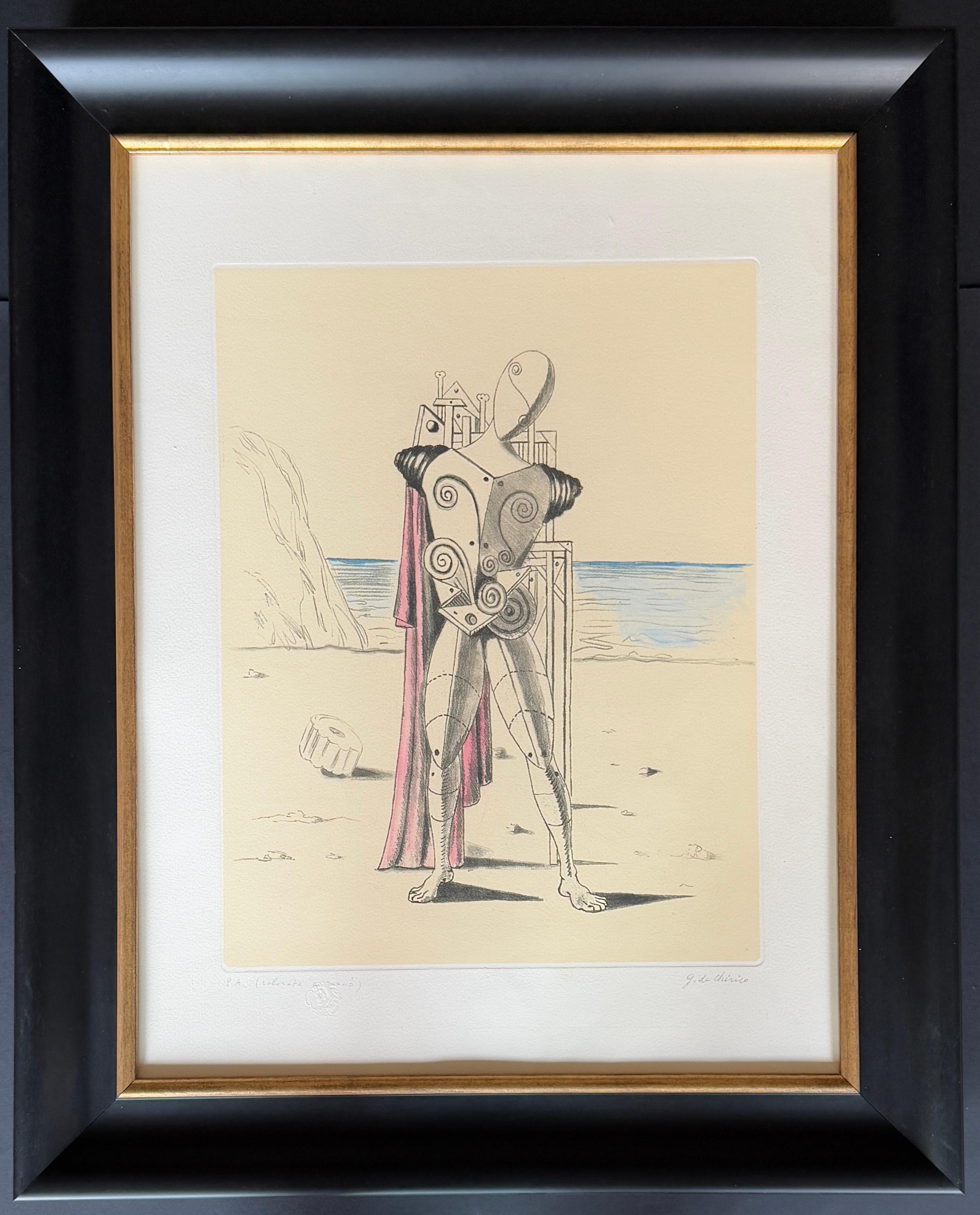 Giorgio de Chirico (1888-1978) -Il trovatore sulla spiaggia - Handkolorierte Radierung