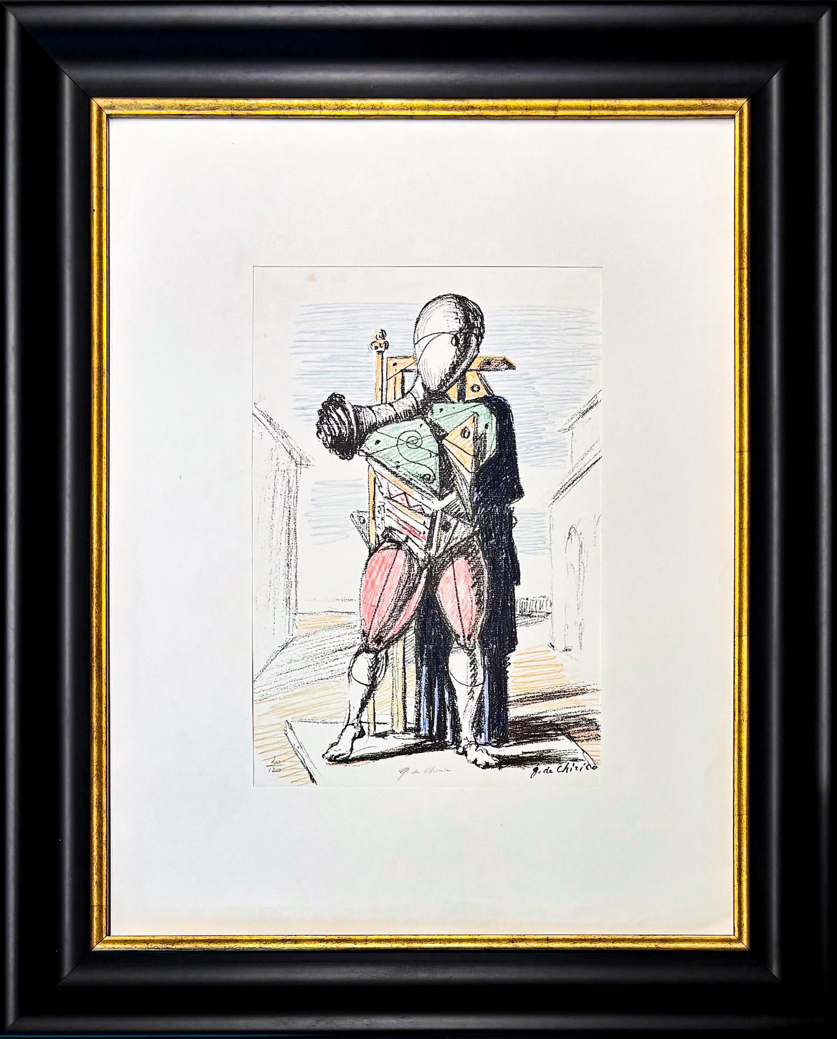 6-colour lithography , edited in 1964
”Manichino” , the first "trovatore" created by Giorgio De Chirico
signed in pencil by artist and numbered as:
20/120
paper size: 42 x 29 cm
framed size: 81 x 65 x 5.5 cm
Blindstamp: Caprini Editore and