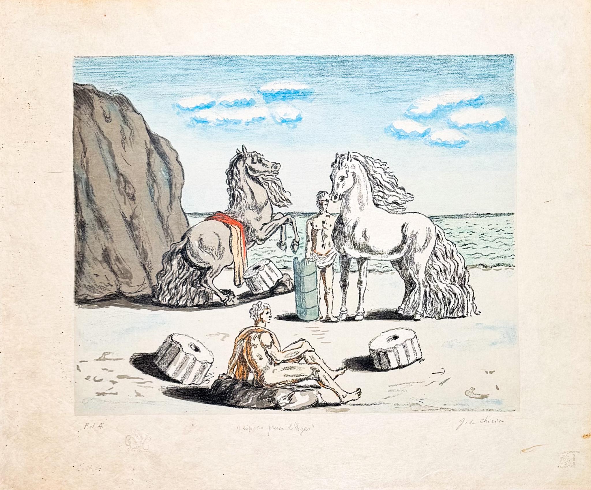Giorgio de Chirico (1888–1978) -Riposo presso le correnti dell'Egeo - lithograph - Abstract Print by Giorgio De Chirico