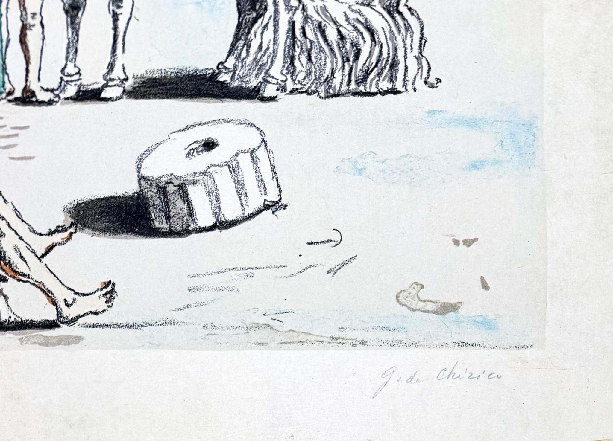 Giorgio de Chirico (1888–1978) -Riposo presso le correnti dell'Egeo - lithograph - Gray Animal Print by Giorgio De Chirico
