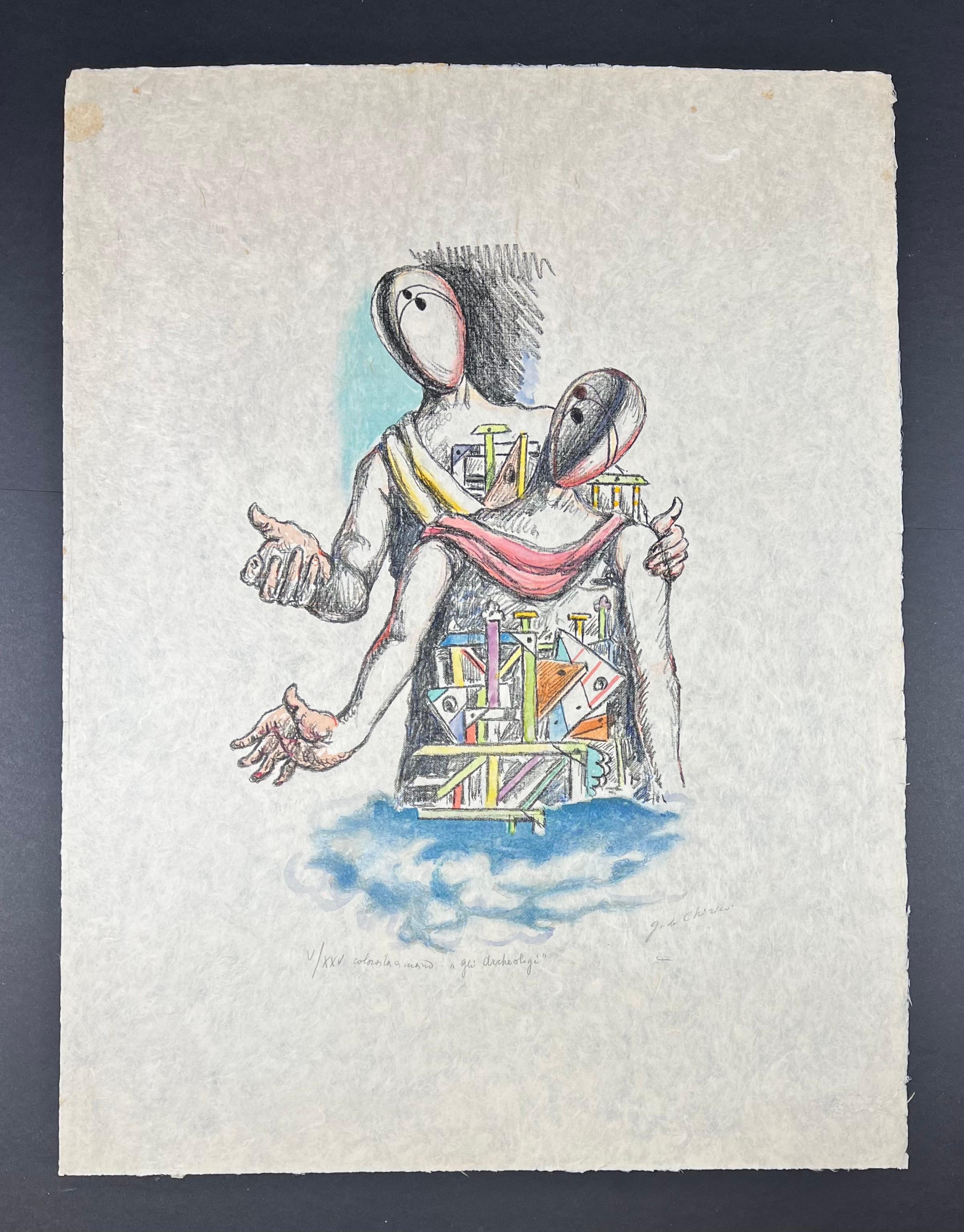  Giorgio De Chirico - Gli Archeologi -Lithograph hand-watercolored by the artist 8