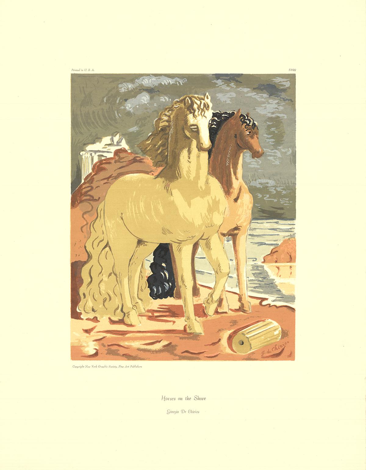 Giorgio de Chirico-Horses on the Shore-26" x 20"-Serigraph-Surrealism-Brown - Print by Giorgio De Chirico