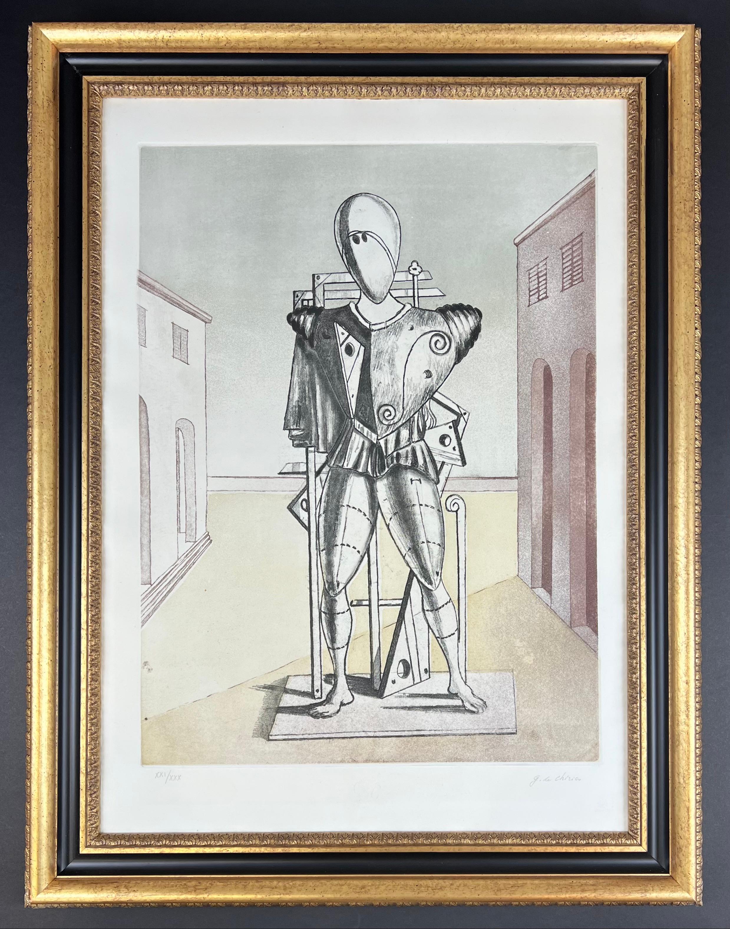 color etching on paper , edited in 1974
”Il Trovatore” , the most represented work by Giorgio De Chirico
signed in pencil by artist and numbered as: XXI/XXX
paper size: 70 x 50 cm
Framed size: 84 x 64,5 cm
important wooden frame included
Blindstamp: