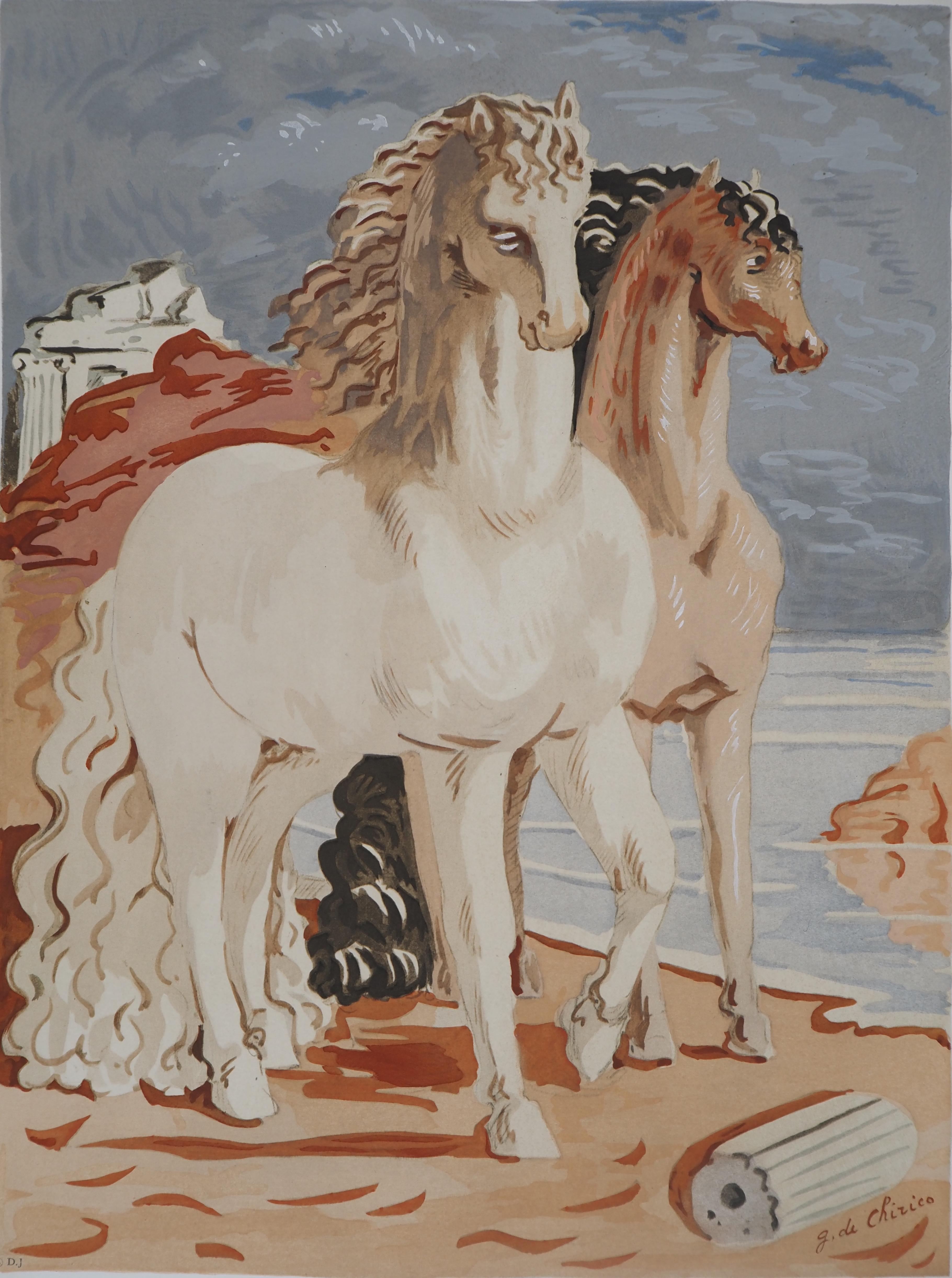 Horses in a Mythological Landscape - Lithograph - Surrealist Print by Giorgio De Chirico