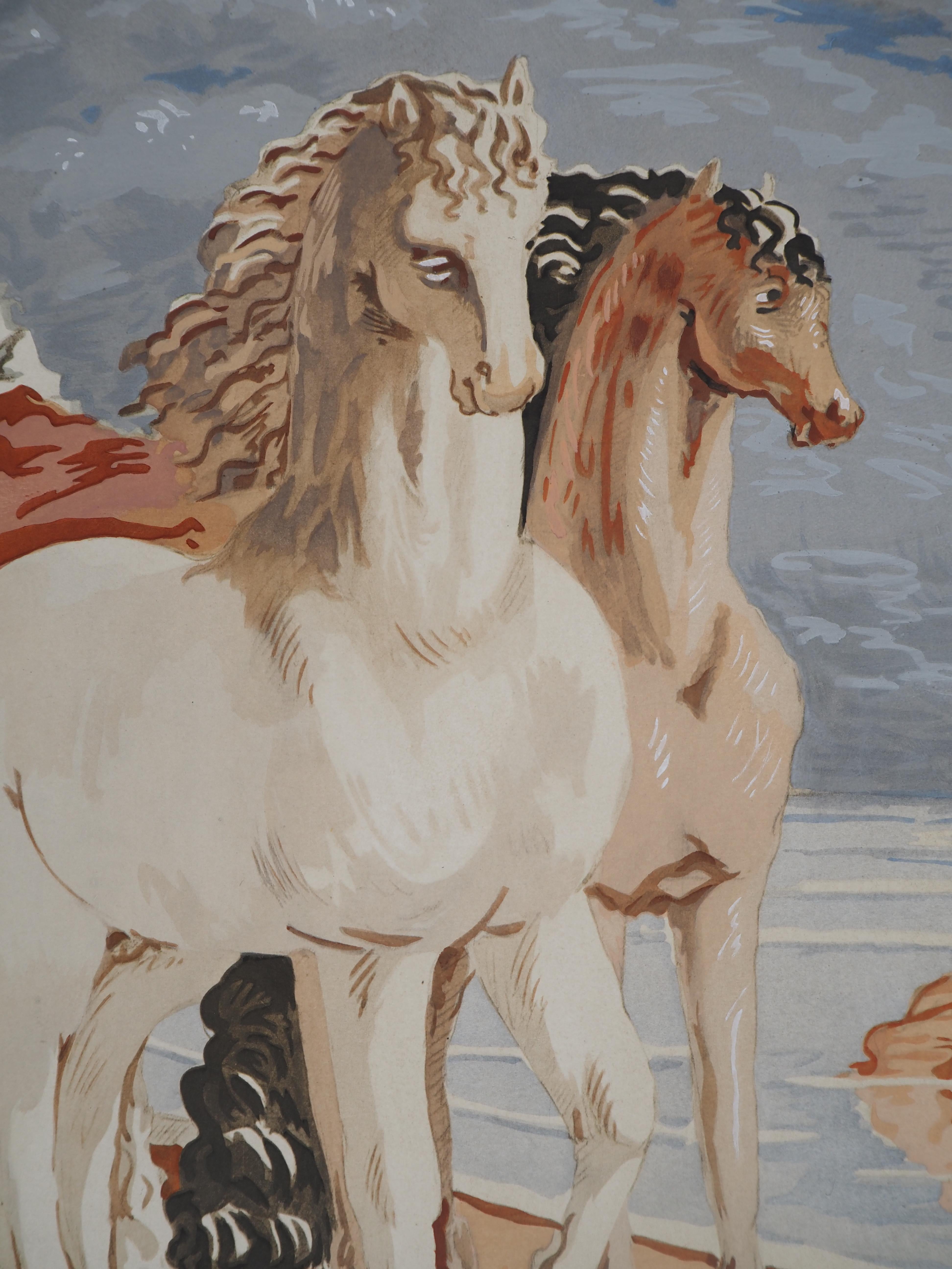 Pferde in einer mythologischen Landschaft – Lithographie (Surrealismus), Print, von Giorgio De Chirico