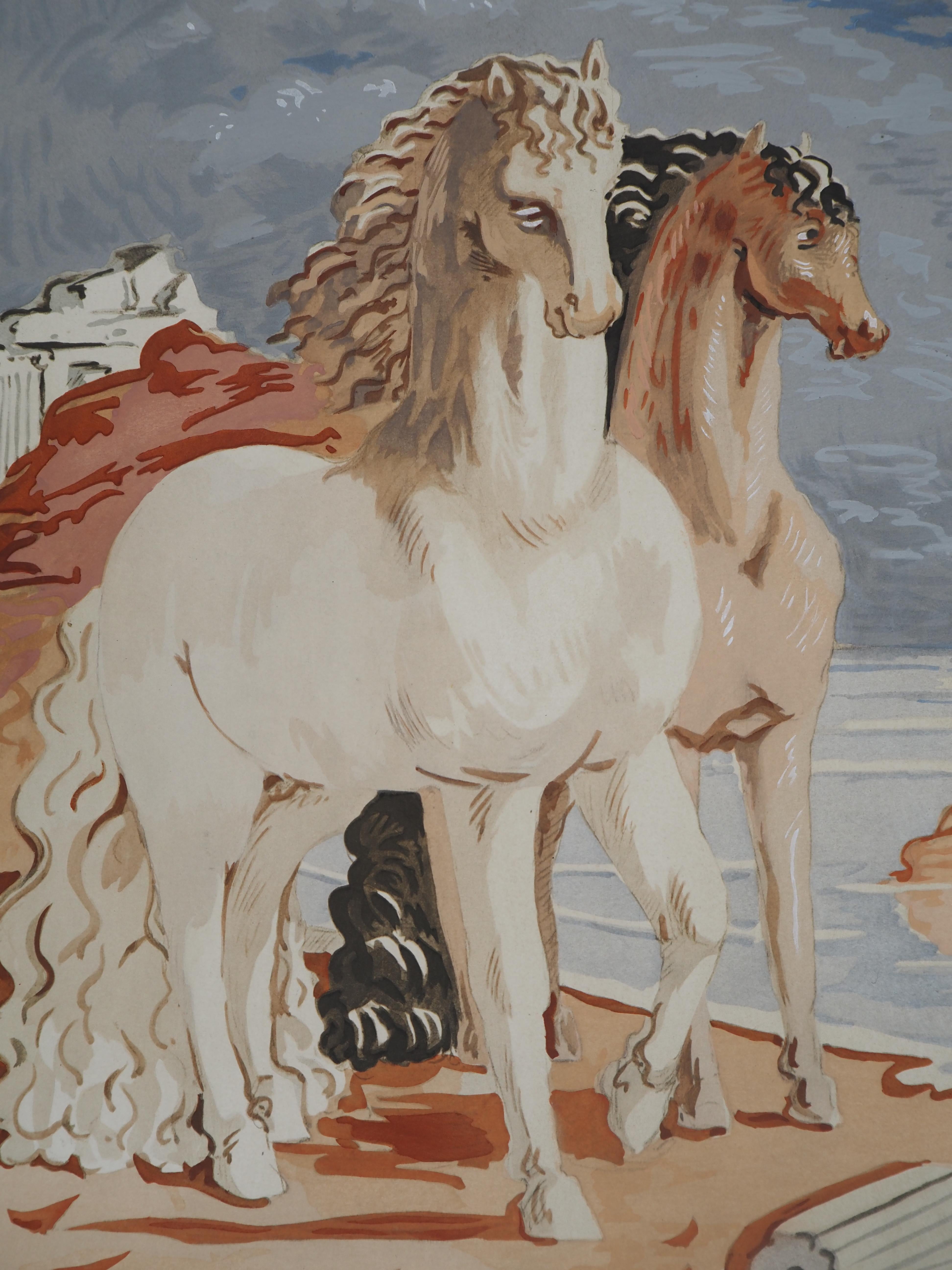 Pferde in einer mythologischen Landschaft – Lithographie (Grau), Animal Print, von Giorgio De Chirico