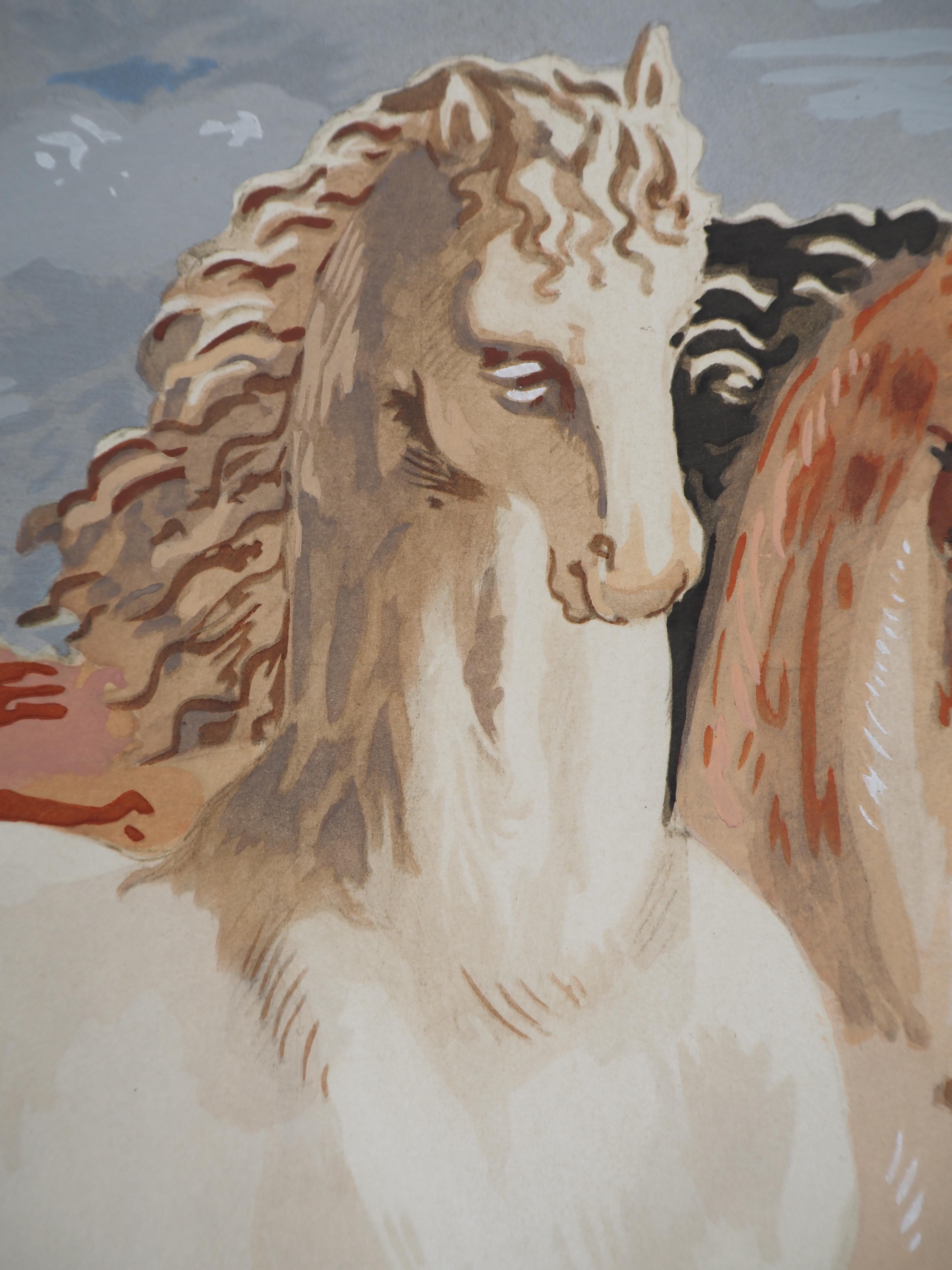 Giorgio de CHIRICO
Pferde in einer mythologischen Landschaft, um 1955

Lithographie und Schablone (Werkstatt Jacomet)
Gedruckte Unterschrift auf der Platte
Auf hellem Vellum 48 x 38 cm (ca. 19 x 15 Zoll)

Sehr guter Zustand, leichte Mängel am Rand