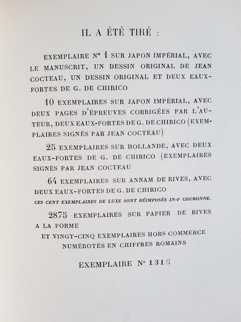 Le Mystère Laic is an original modern rare book engraved by Giorgio De Chirico (1888-1978) and written by Jean Cocteau (Maisons-Laffitte, 1889 – Milly-la-Forêt,1963) in 1928.

Published by Editions des Quatre Chemins, Paris.

Original Edition.