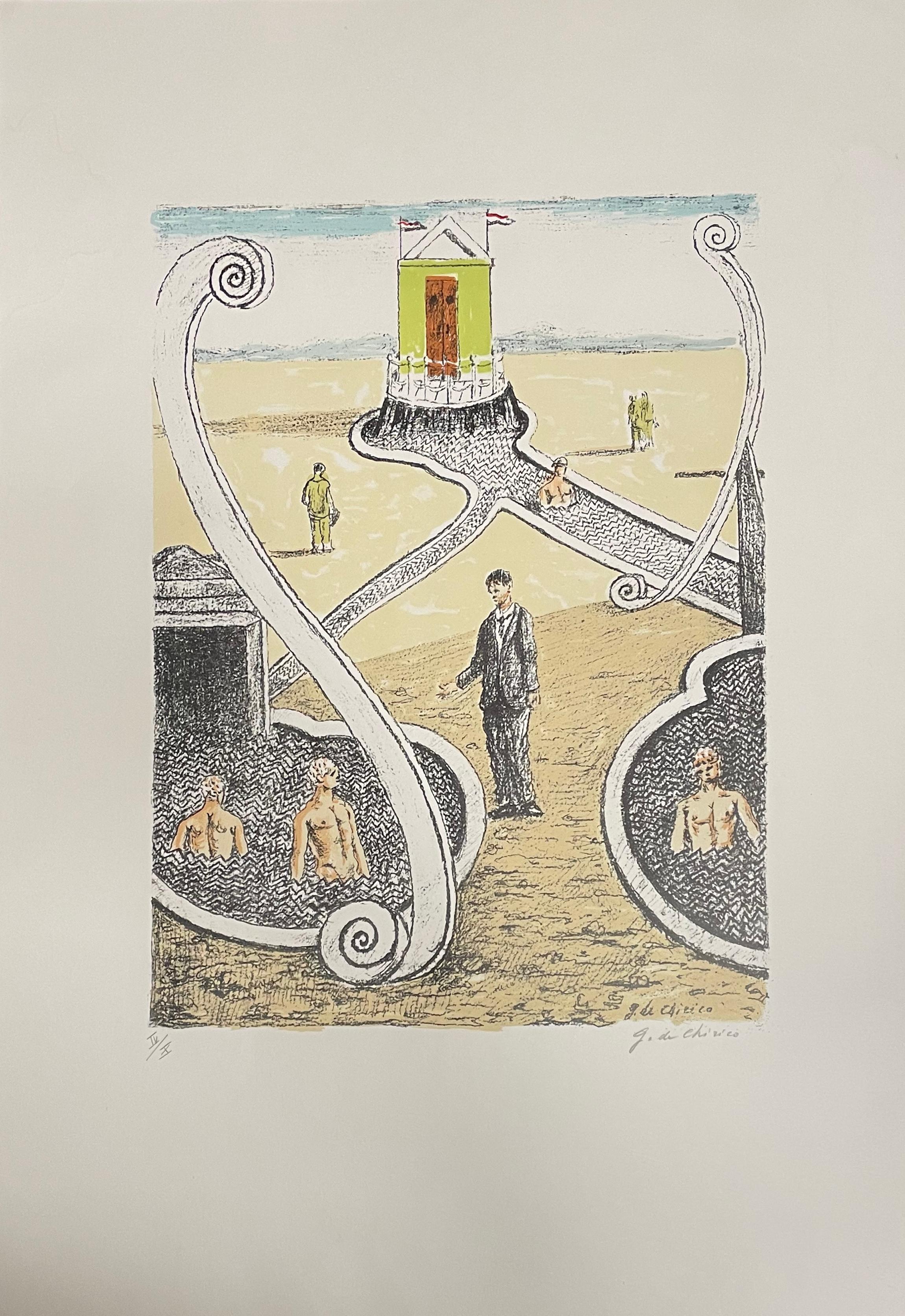 L'Ospite dei Bagnanti Misteriosi - Lithographie de G. De Chirico - 1969 - Beige Figurative Print par Giorgio De Chirico