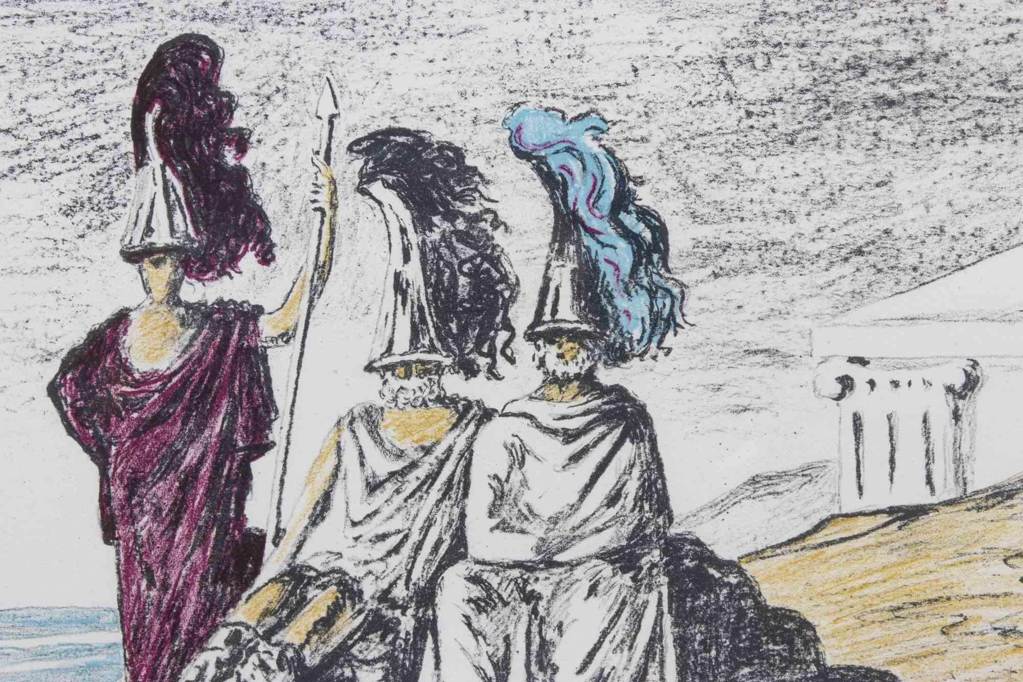 Los guerreros regresan de Troya - Litografía de De Chirico - 1966 - Figurative Print Beige de Giorgio De Chirico