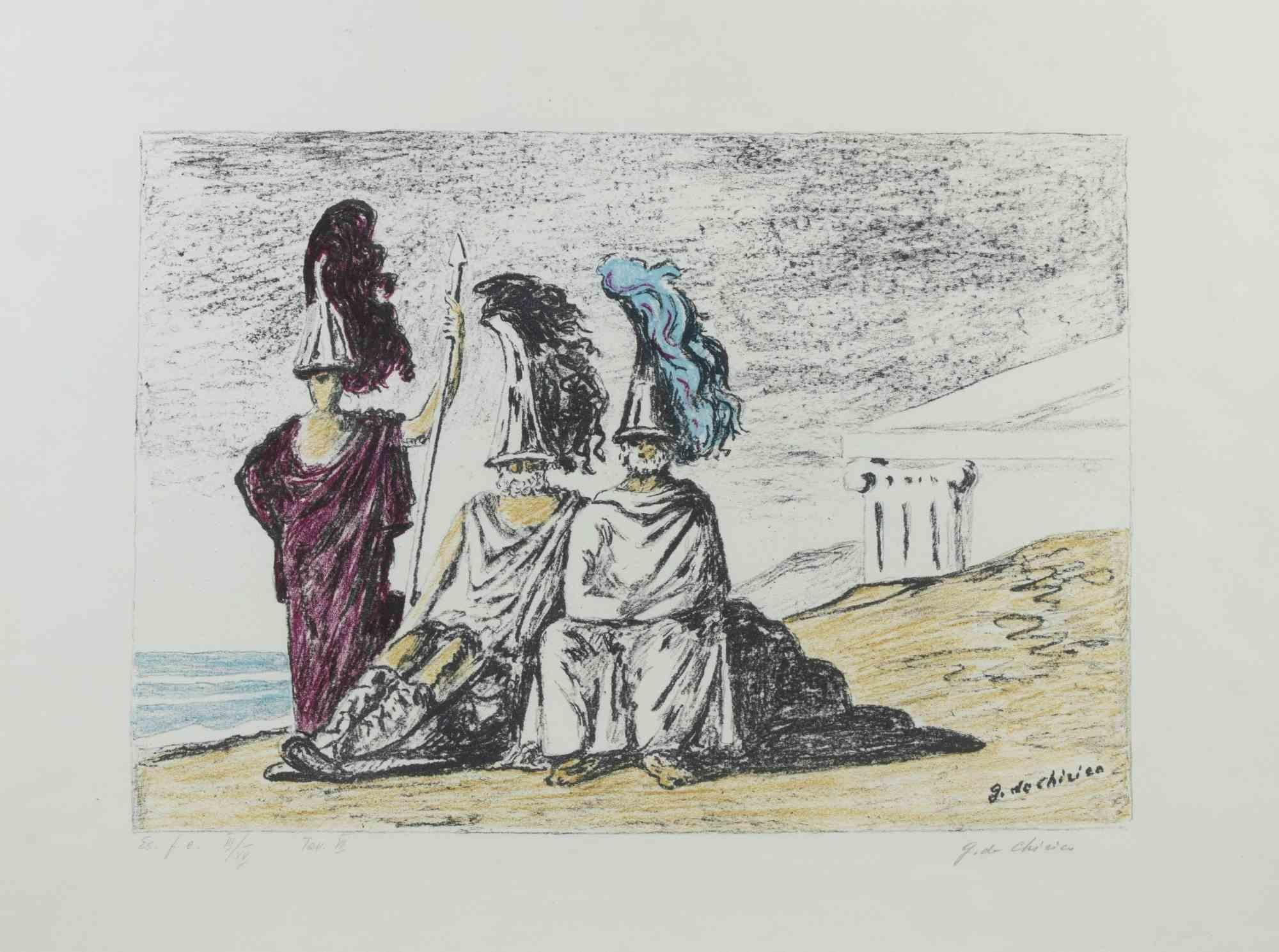 Litografía en 4 colores realizada por De Chirico en 1966.

Edición de Carlo Bestetti.

Dimensión de la imagen 32 x 46 cm.

Dimensión de la hoja 50,5 x 64 cm.

Firmada a mano y numerada a lápiz.

Edición de 99.

Ref. A. Ciranna, Giorgio De Chirico.