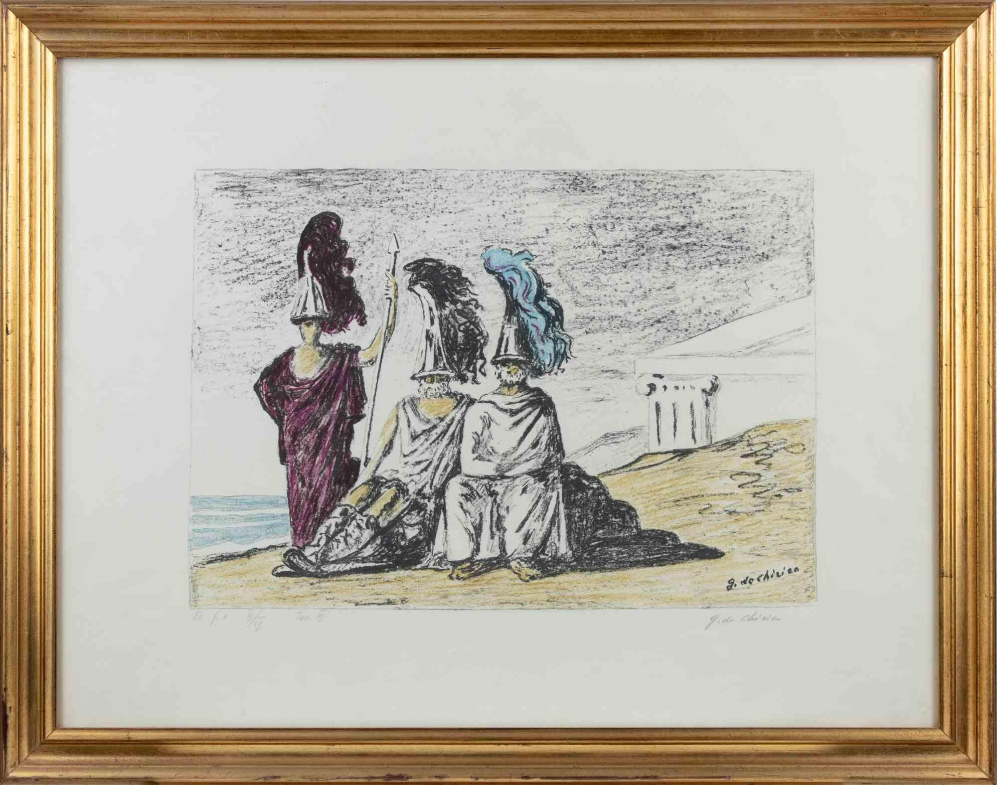 Figurative Print de Giorgio De Chirico - Los guerreros regresan de Troya - Litografía de De Chirico - 1966