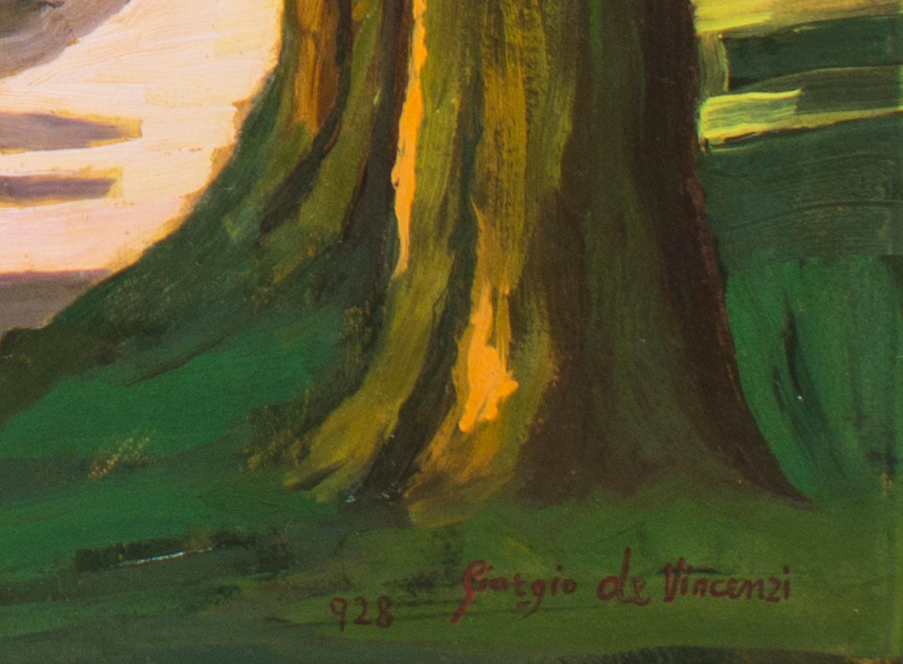 Paesaggio con casa (Villa Borghese) - Olio su pannello di Giorgio de Vincenzi in vendita 1