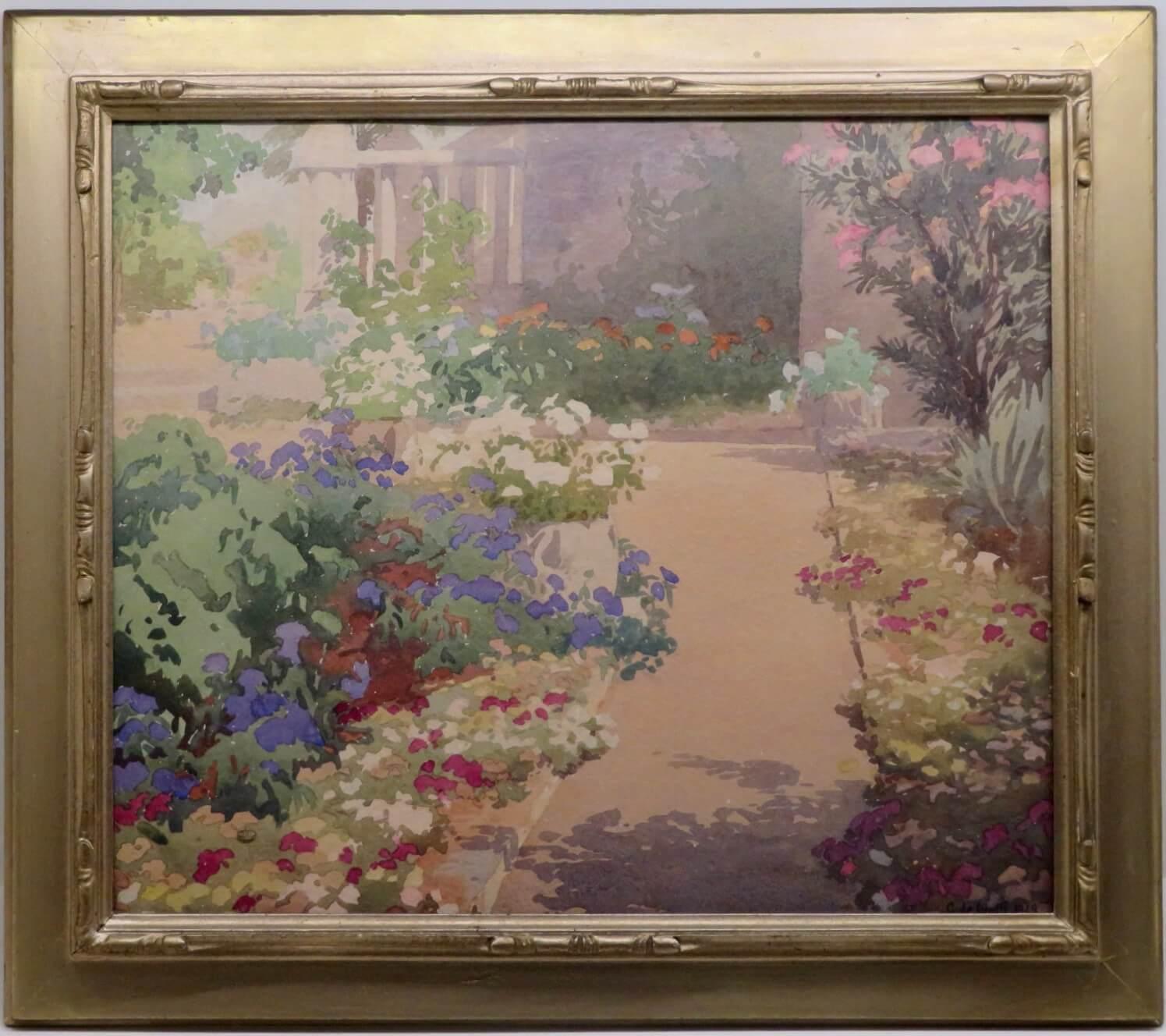 Aquarelle Impressionniste Italienne SCENE DE JARDIN ITALIEN COLORIFIQUE 1920's ART DECO
