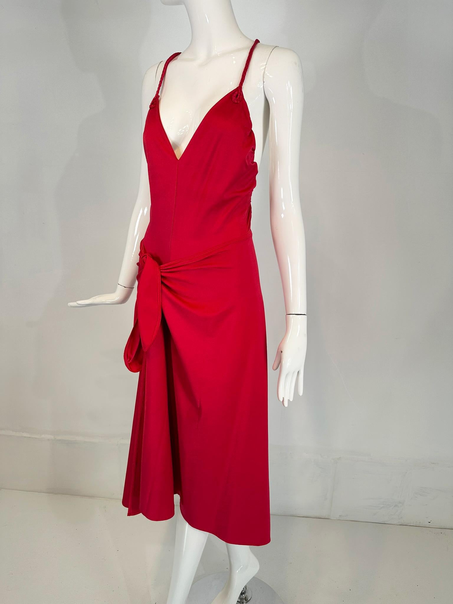 Giorgio di Sant' Angelo red stretch jersey body/swim suit & matching wrap & tie skirt from the 1970s. Attributed to di' Sant Angelo, we are selling this set for the original owner who purchased it for herself in the 70s, she removed the label