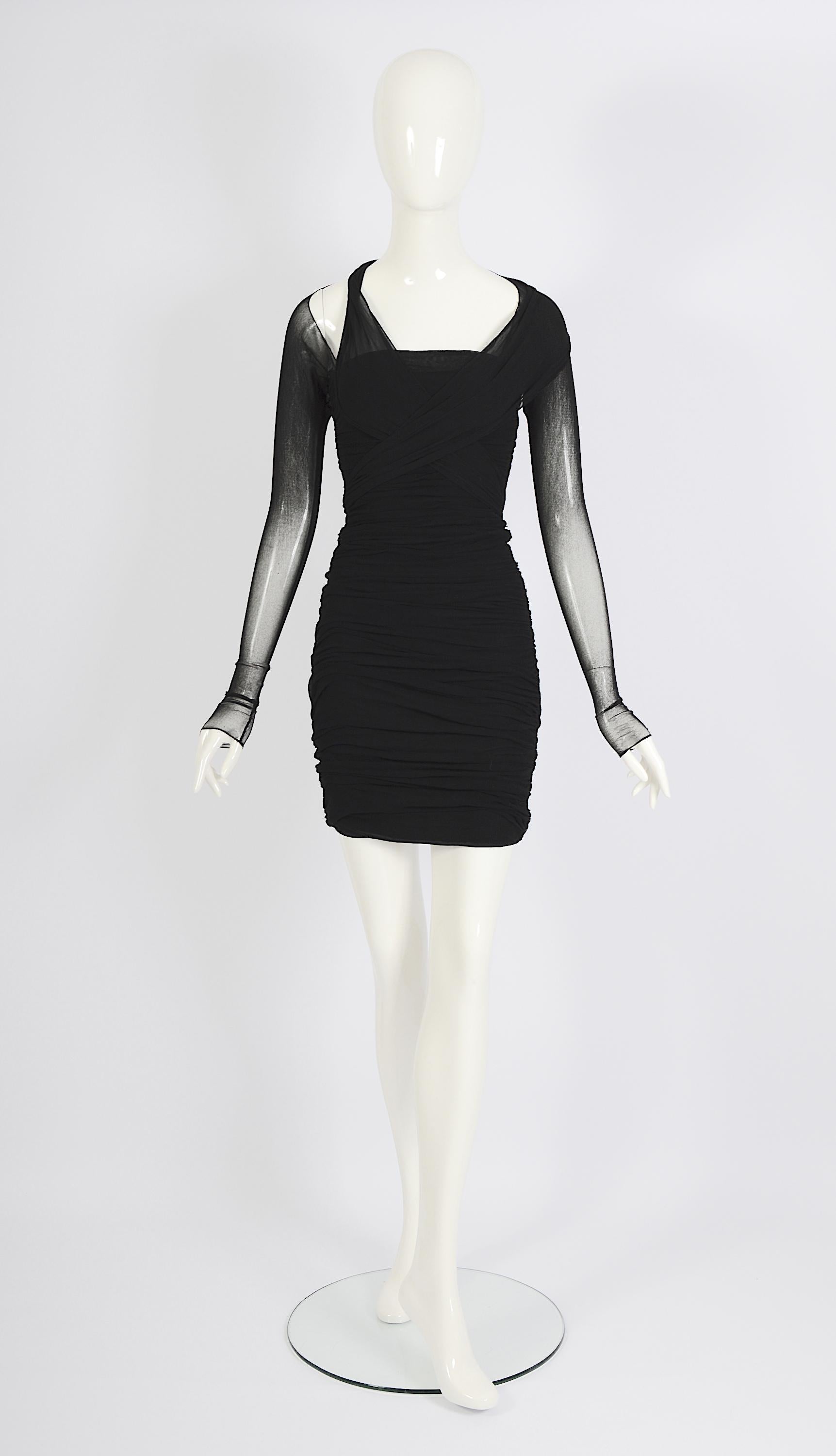 Giorgio di Sant' Angelo vintage 1989 documented black stretch net wrap dress For Sale 6