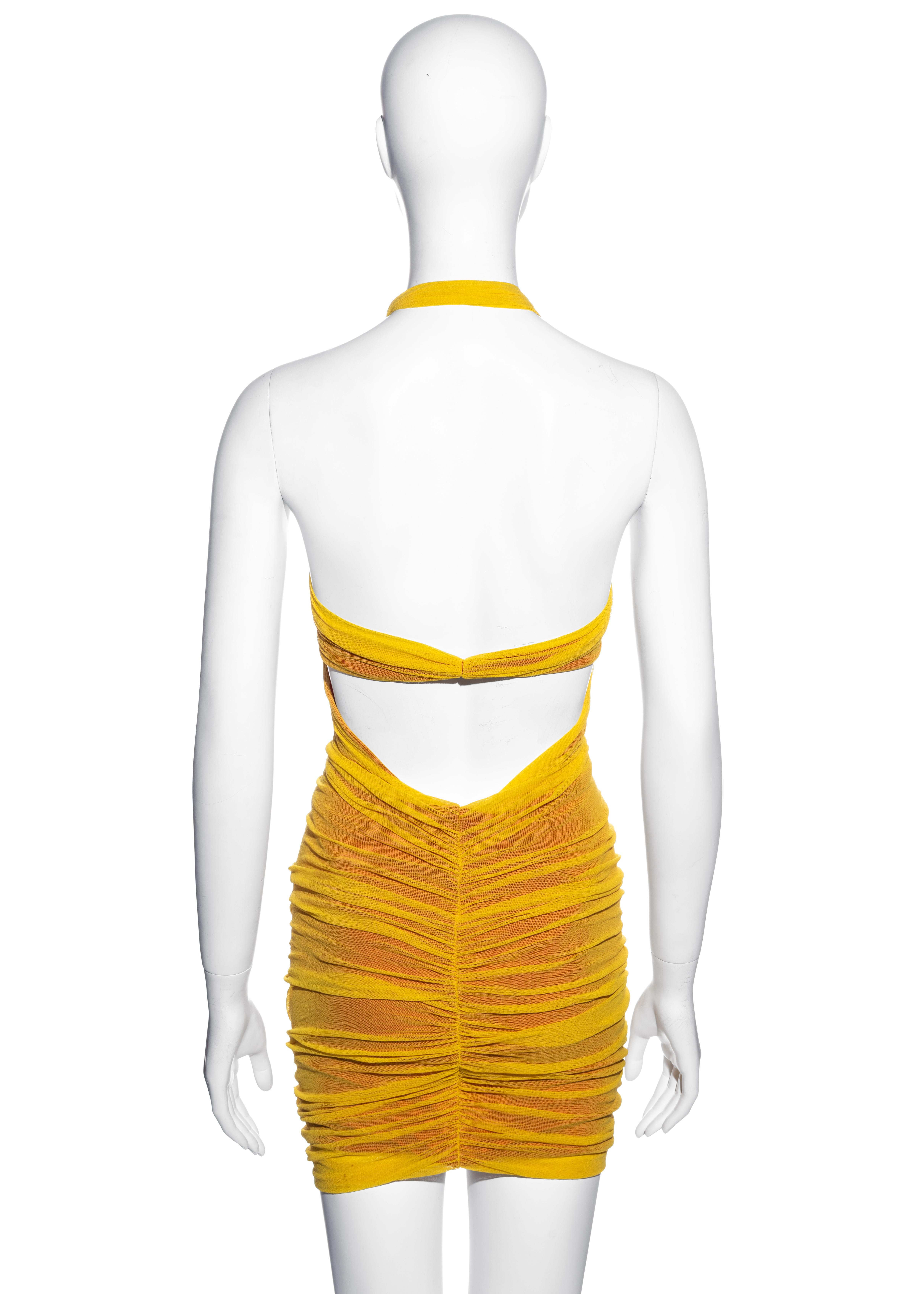 Women's Giorgio di Sant Angelo yellow mesh halterneck bodysuit and skirt, ss 1991