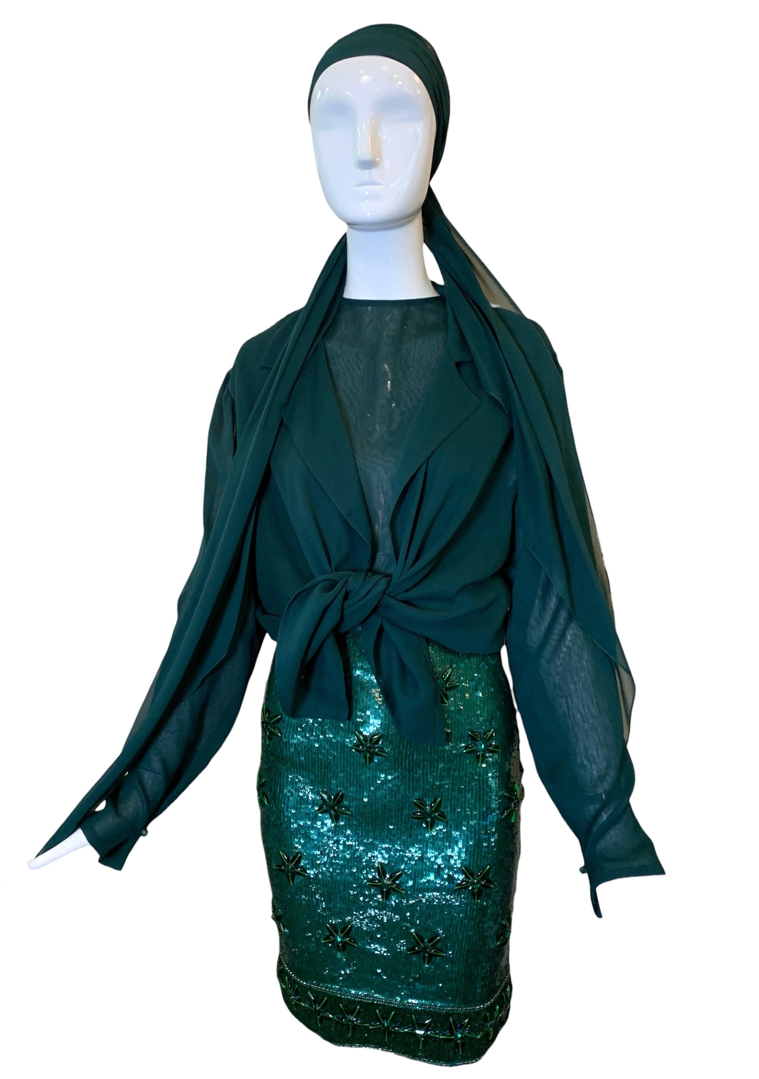 Blue Giorgio di Sant'Angelo Emerald Sequin & Chiffon Four Piece Ensemble, 1980s For Sale