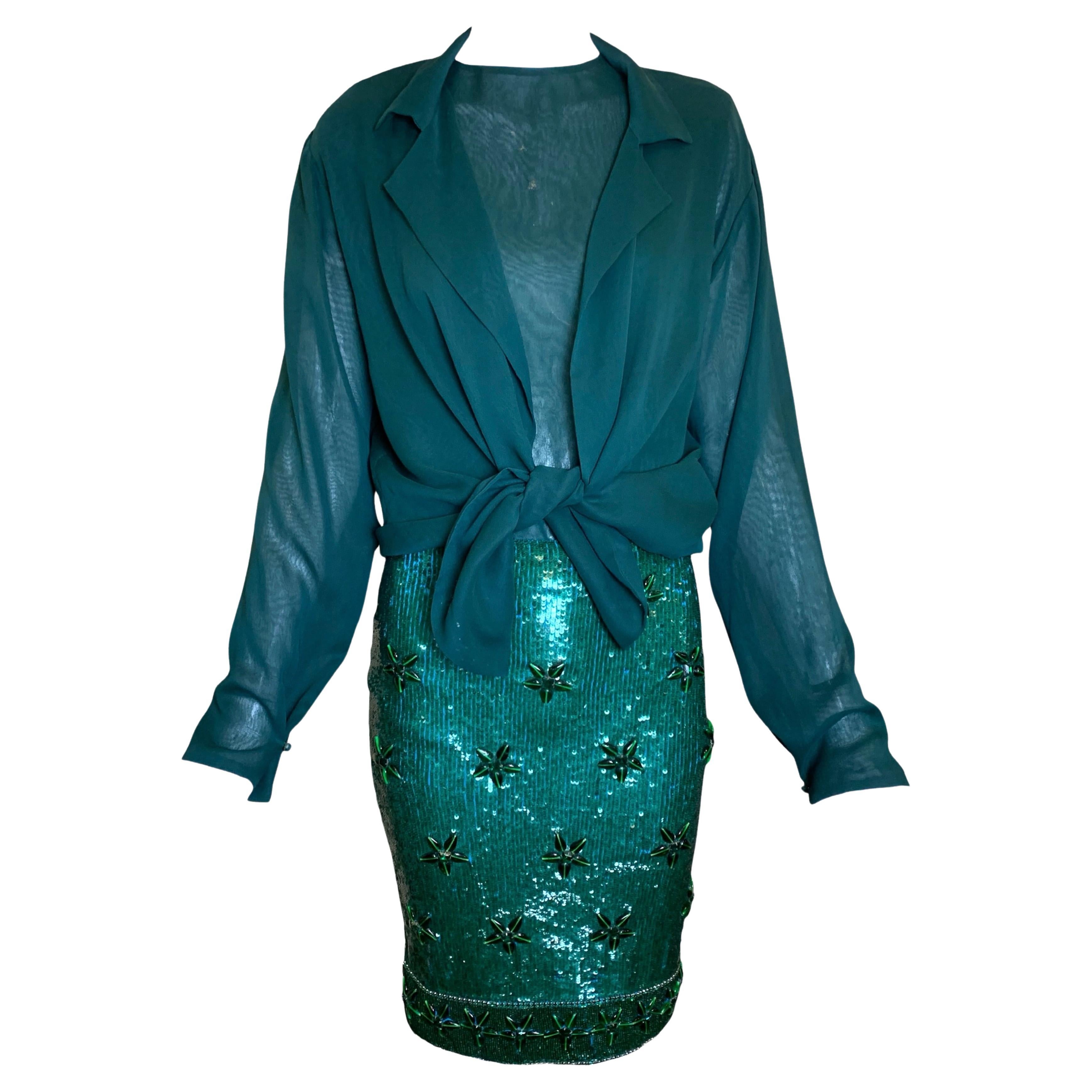 Giorgio di Sant'Angelo Emerald Sequin & Chiffon Four Piece Ensemble, 1980s For Sale