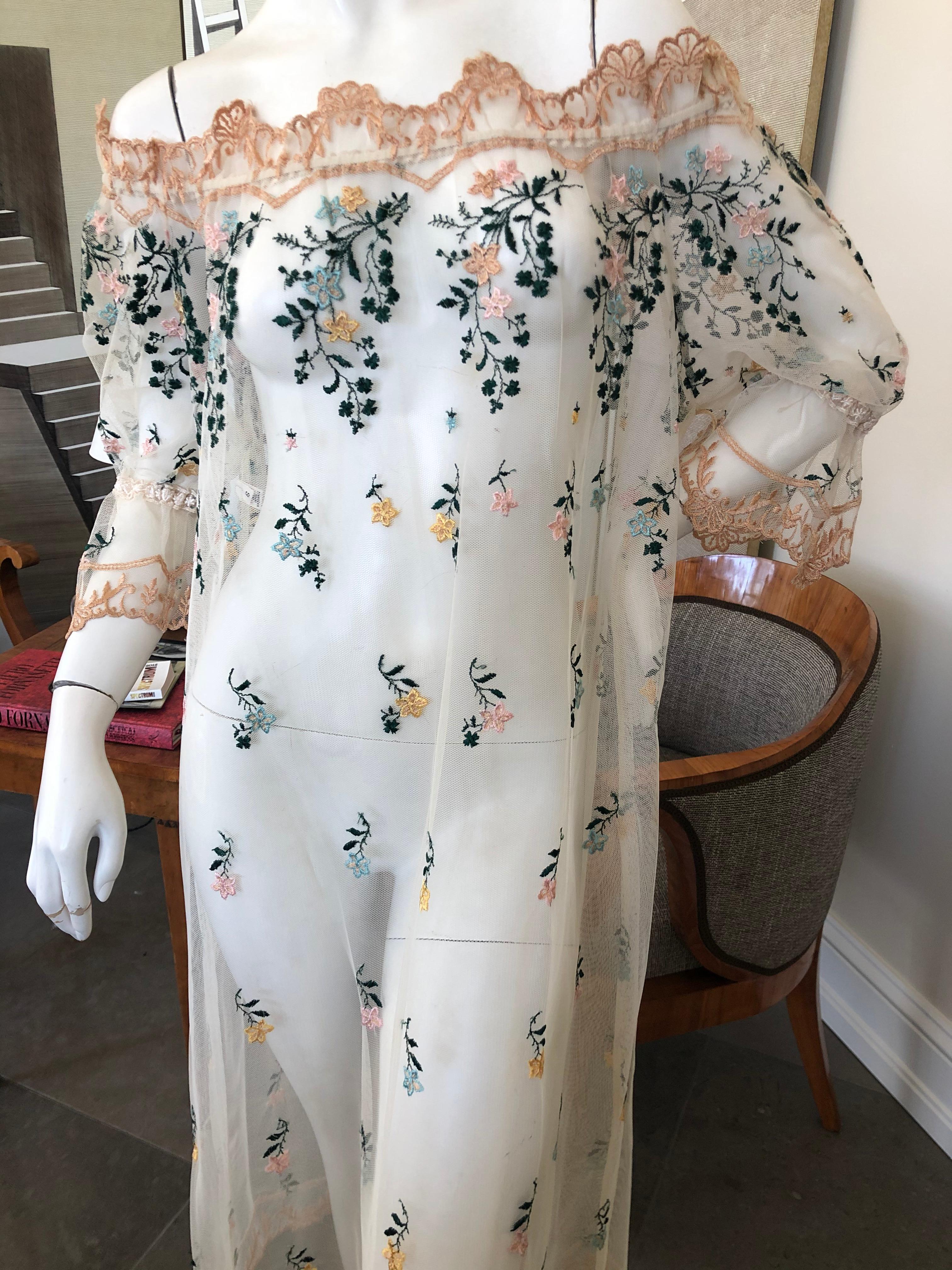 Giorgio di Sant'Angelo Sheer Embroidered Off the Shoulder Rich Hippie Dress In Excellent Condition For Sale In Cloverdale, CA