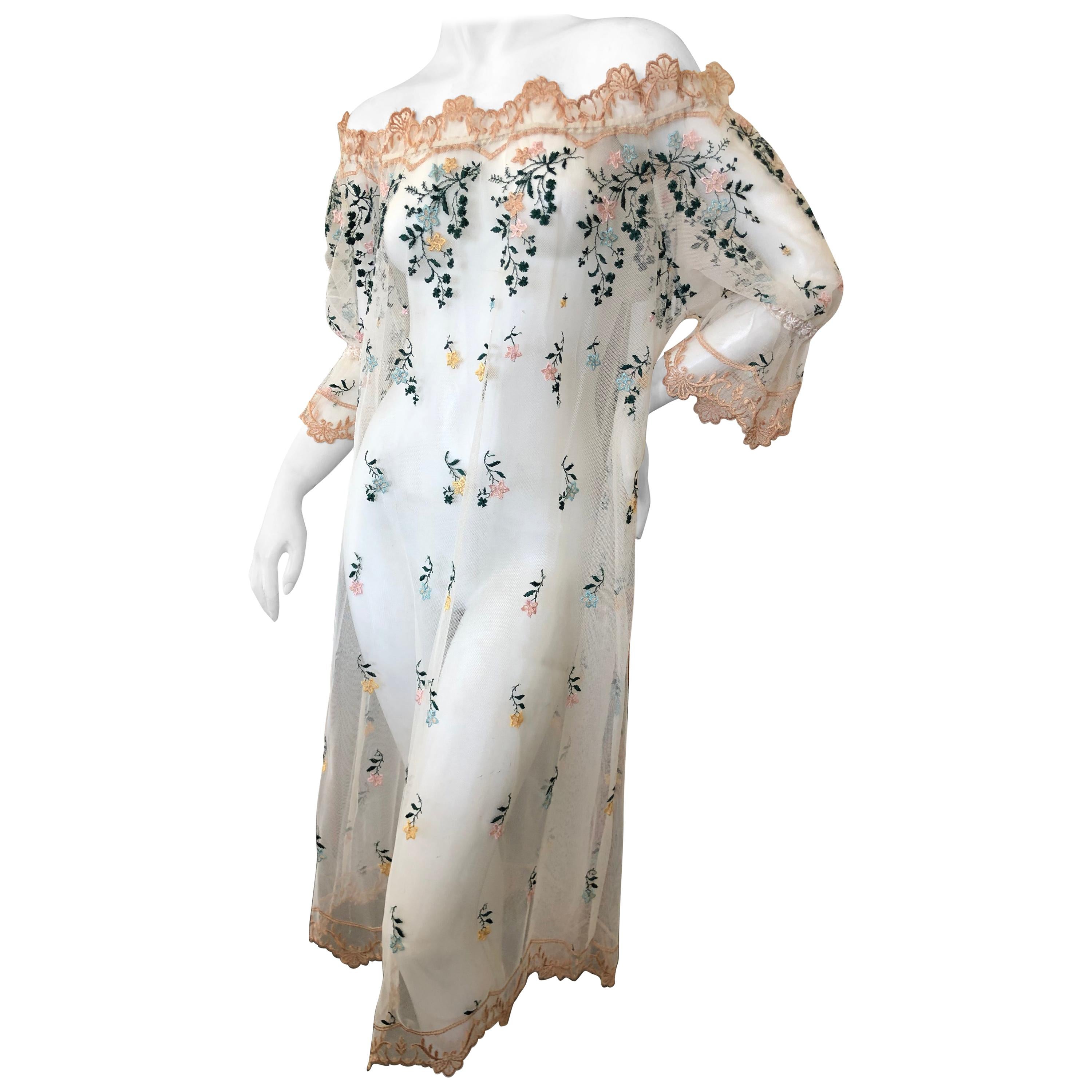 Giorgio di Sant'Angelo Sheer Embroidered Off the Shoulder Rich Hippie Dress For Sale