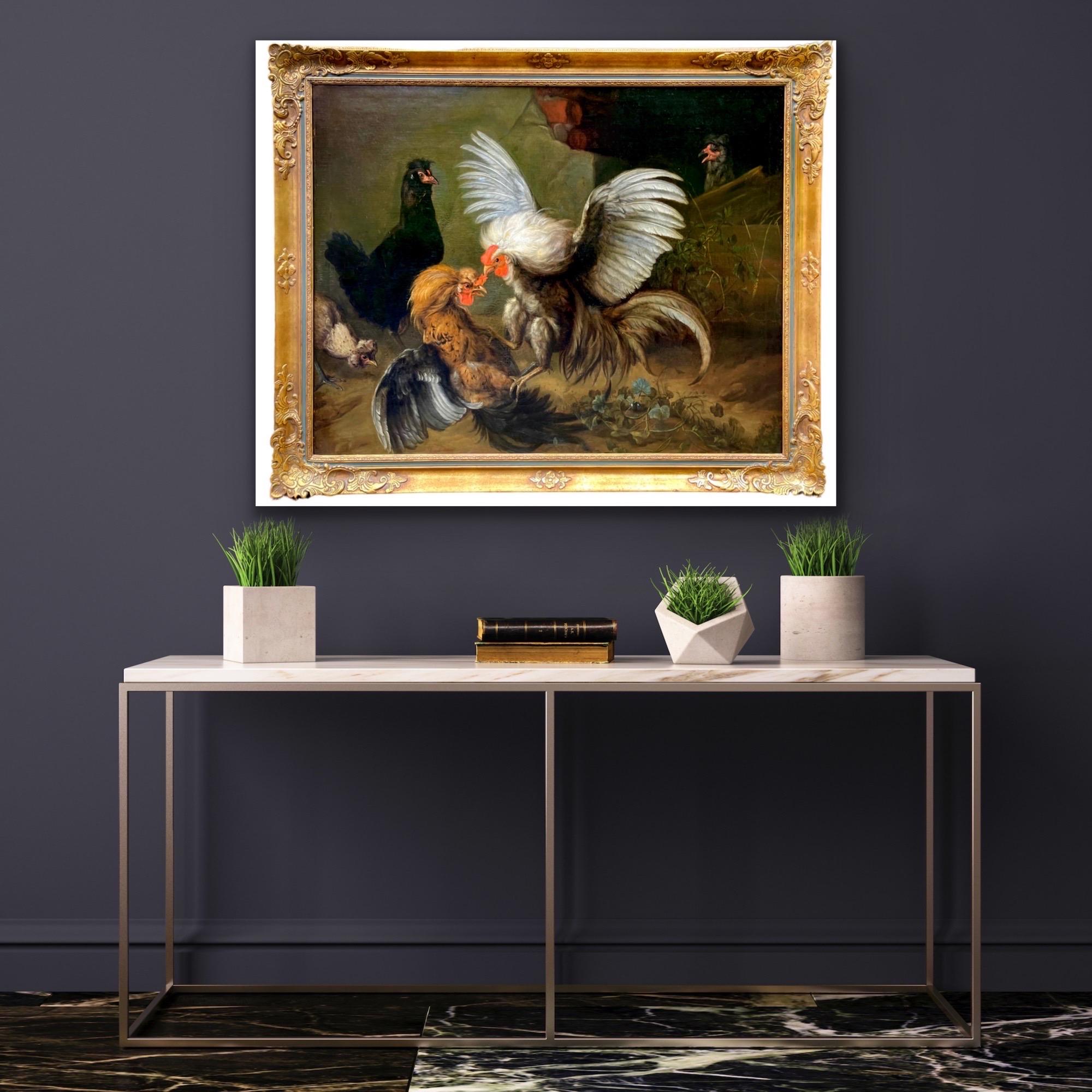Huge 18th century Italian Old Master painting - Roosters fighting - Bird Cock 1