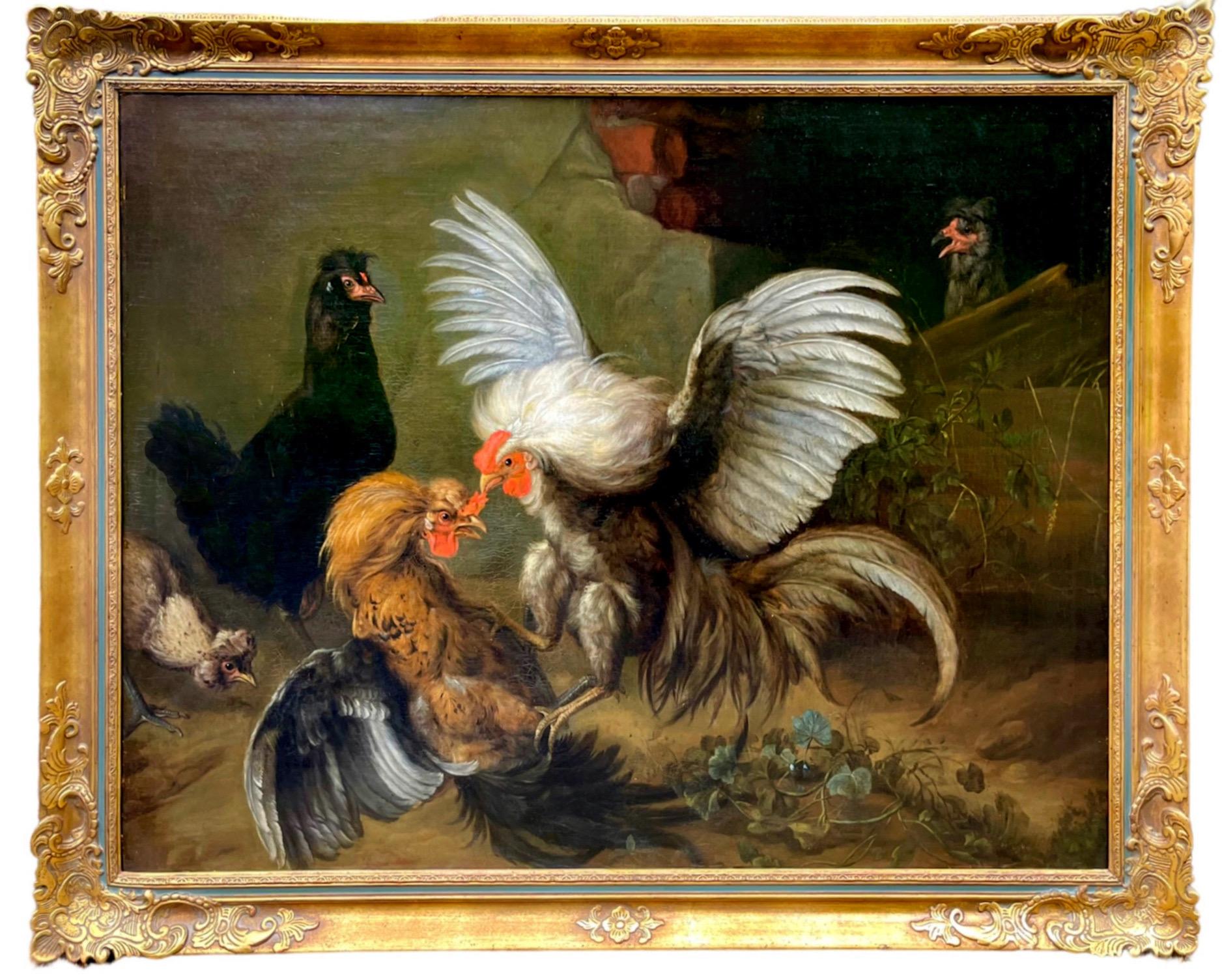 Giorgio Duranti Still-Life Painting - Huge 18th century Italian Old Master painting - Roosters fighting - Bird Cock