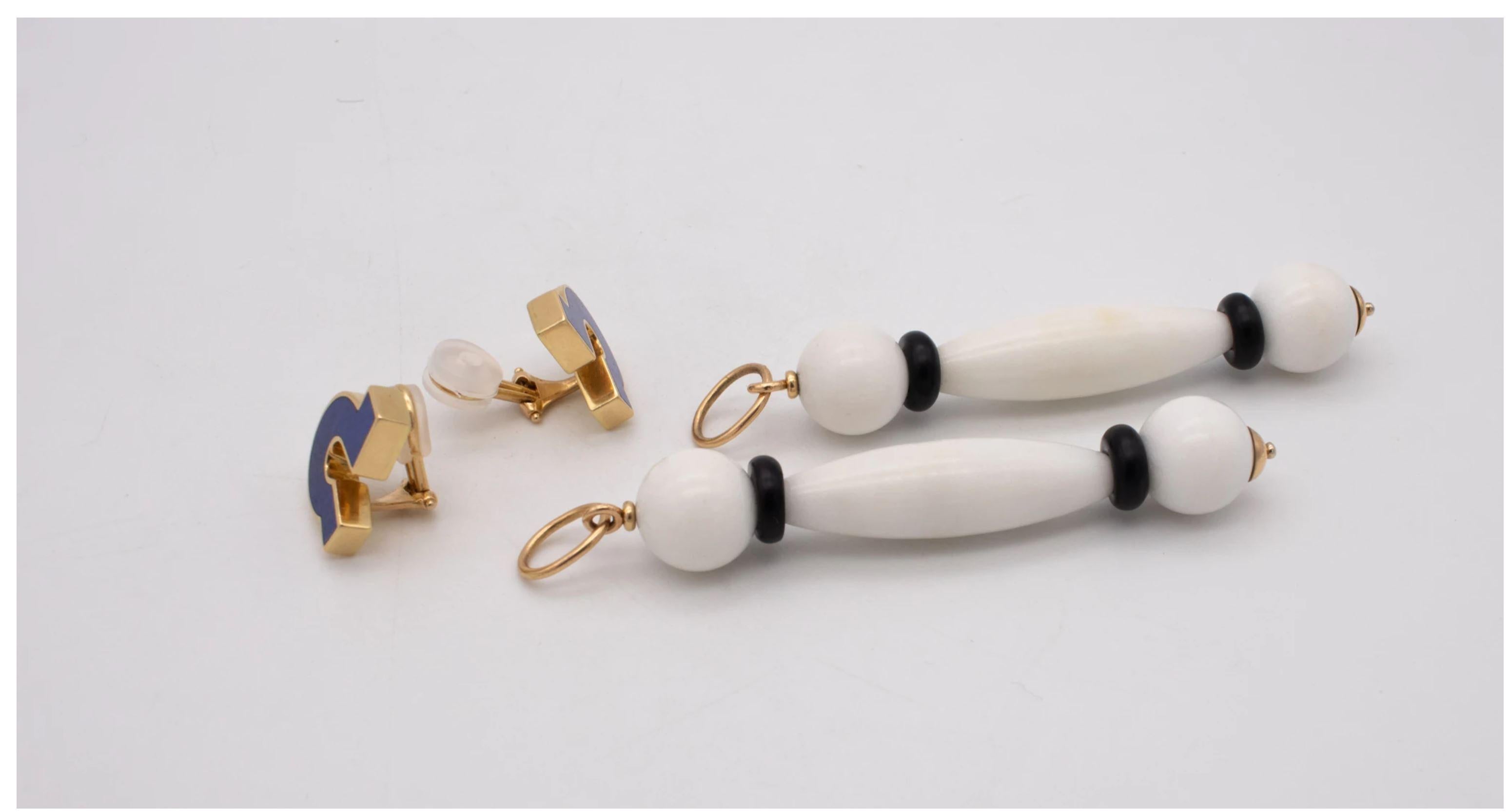 Moderniste Longues boucles d'oreilles Memphis en or jaune 18 carats avec pierres précieuses Giorgio Facchini, 1980 en vente