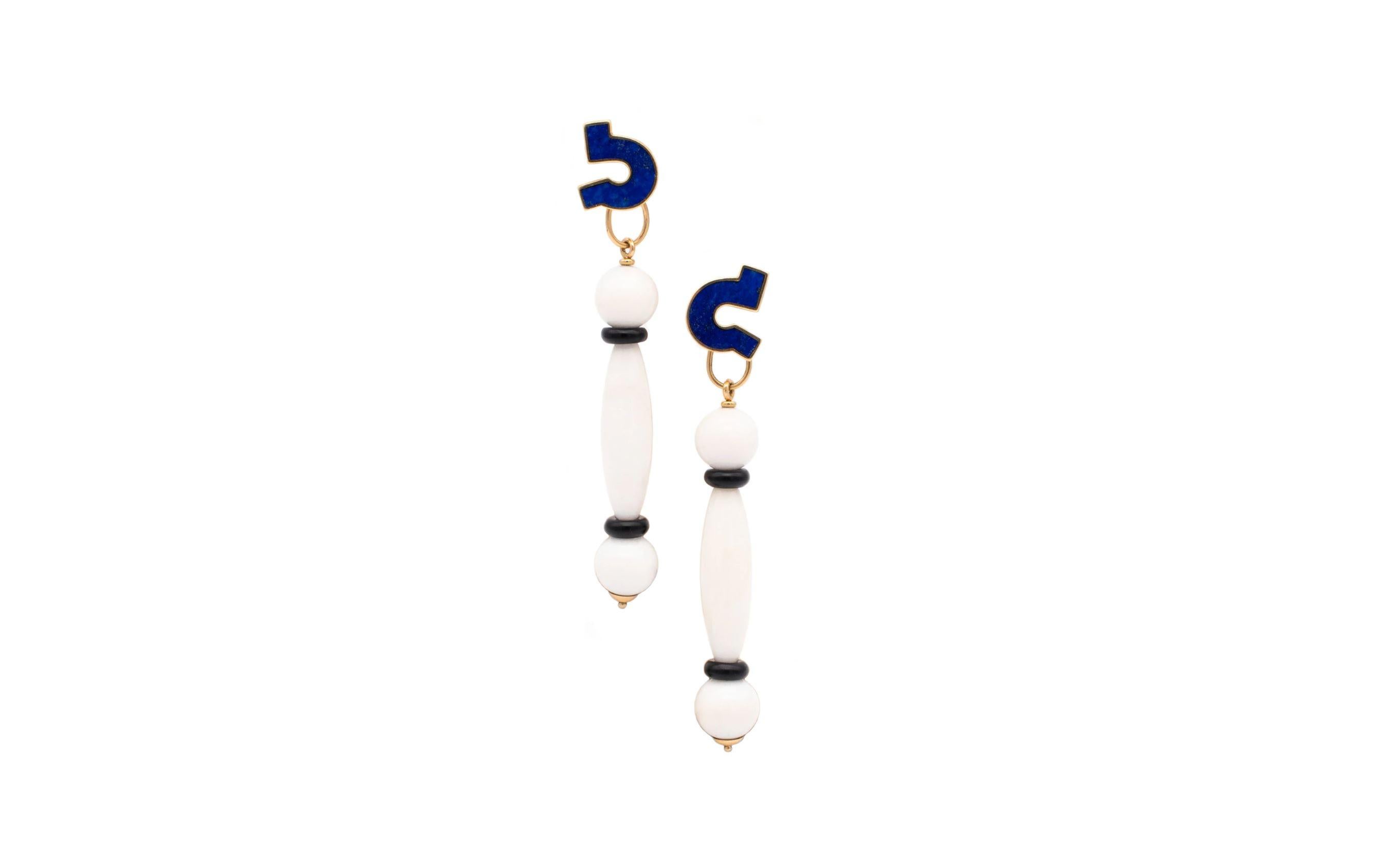 Giorgio Facchini, 1980 Memphis Long Earrings in 18Kt Yellow Gold with Gemstones For Sale 1