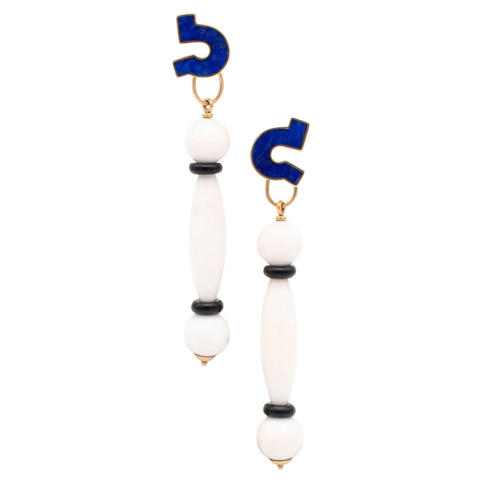 Giorgio Facchini, 1980 Memphis Long Earrings in 18Kt Yellow Gold with Gemstones For Sale