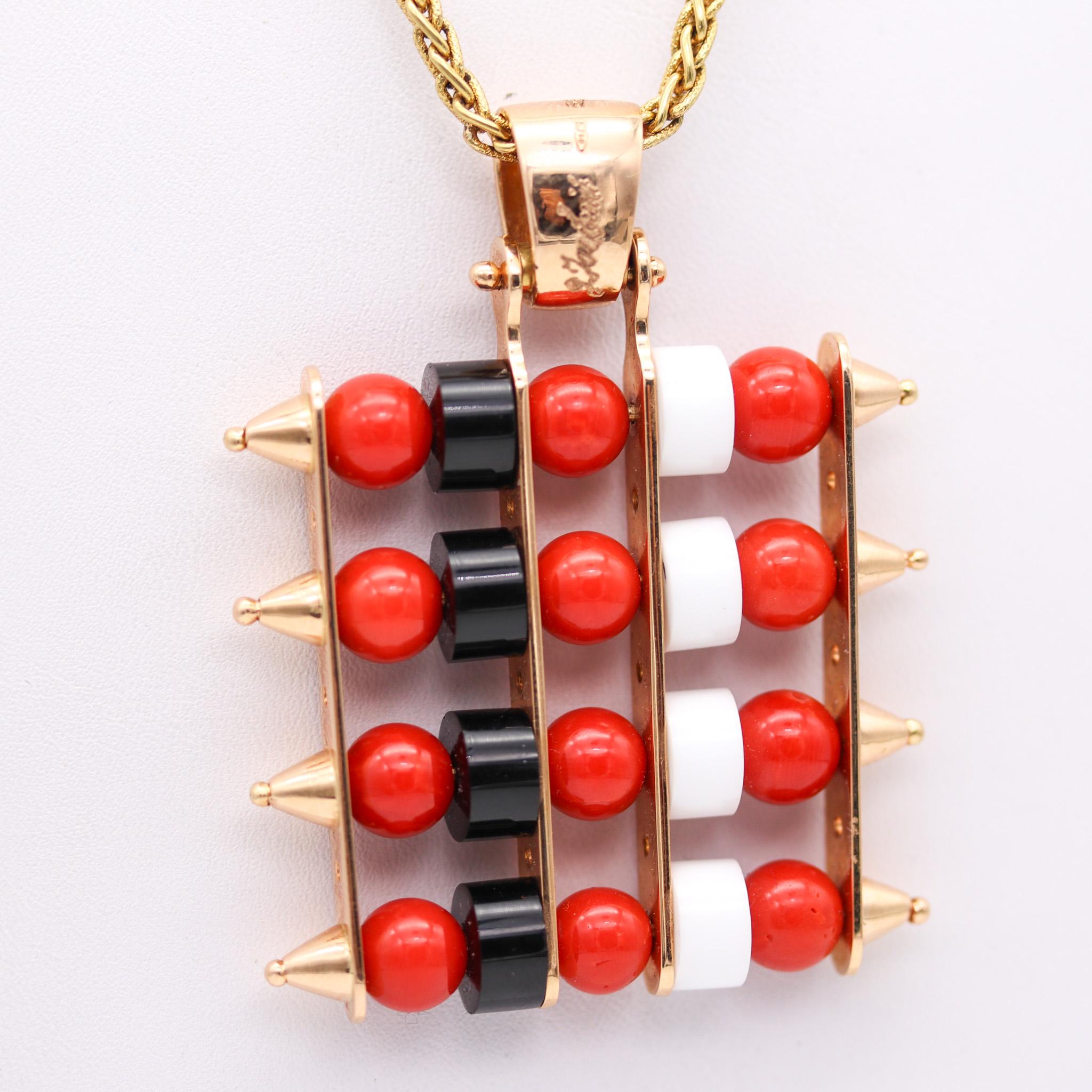 Orbital necklace designed by Giorgio Facchini (Pesaro 1947-).

A statement abacus pendant, created by the Italian master jeweler, artist and sculptor, Giorgio Facchini. This is a one of kind piece of wearable kinetic art, crafted in solid yellow