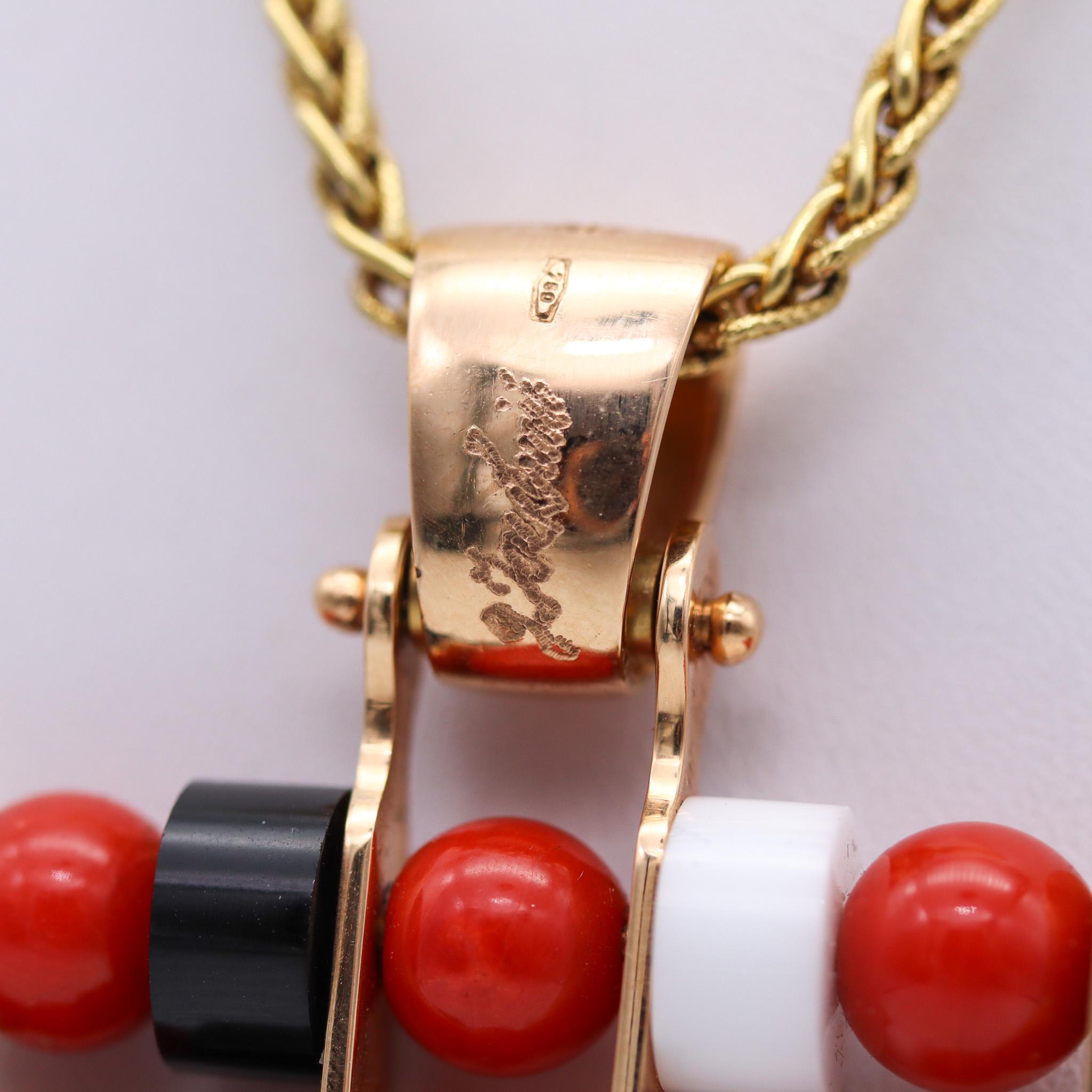 Modernist Giorgio Facchini Kinetic Abacus Pendant In 18Kt Yellow Gold Coral Onyx And Agate For Sale