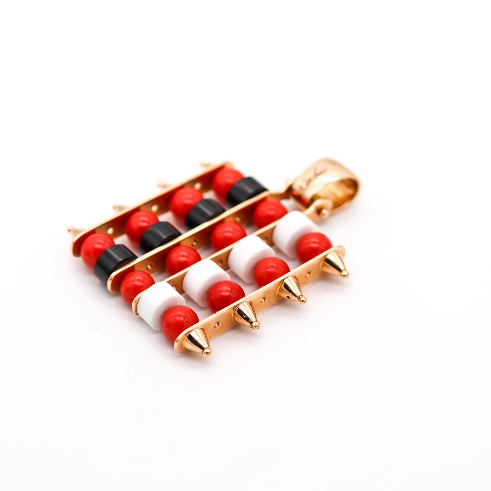 Cabochon Giorgio Facchini Kinetic Abacus Pendant In 18Kt Yellow Gold Coral Onyx And Agate For Sale