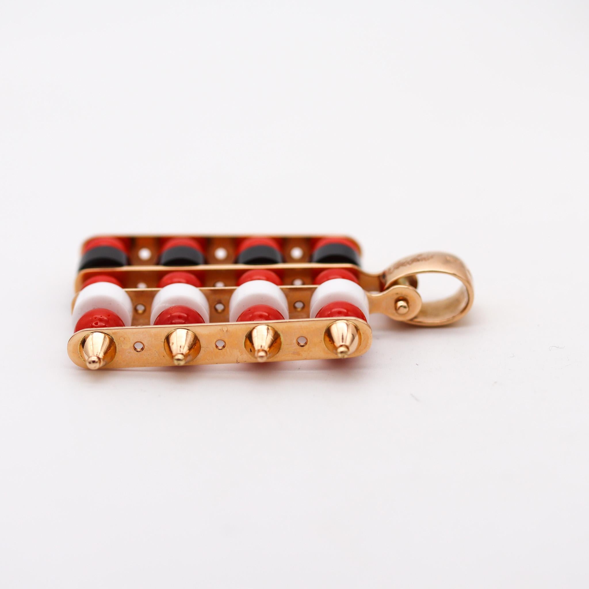 Giorgio Facchini Kinetic Abacus Pendant In 18Kt Yellow Gold Coral Onyx And Agate In Excellent Condition For Sale In Miami, FL