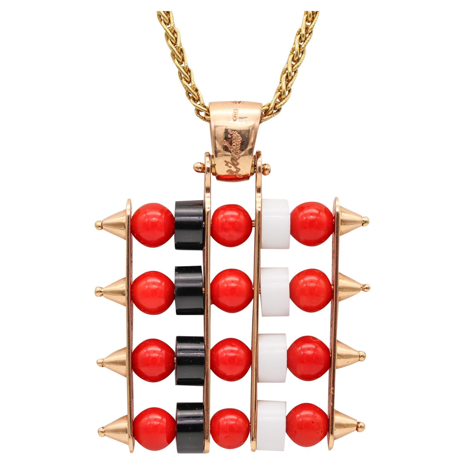 Giorgio Facchini Kinetic Abacus Pendant In 18Kt Yellow Gold Coral Onyx And Agate For Sale
