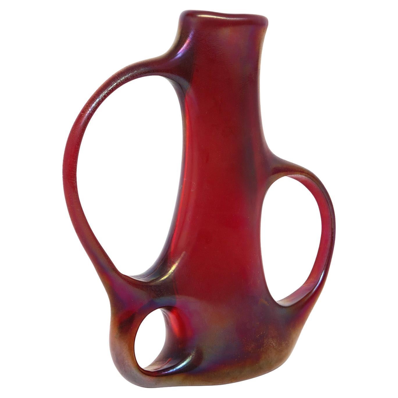 Vase « Anse Volante » en verre rouge soufflé à la main de Giorgio Ferro, 1952