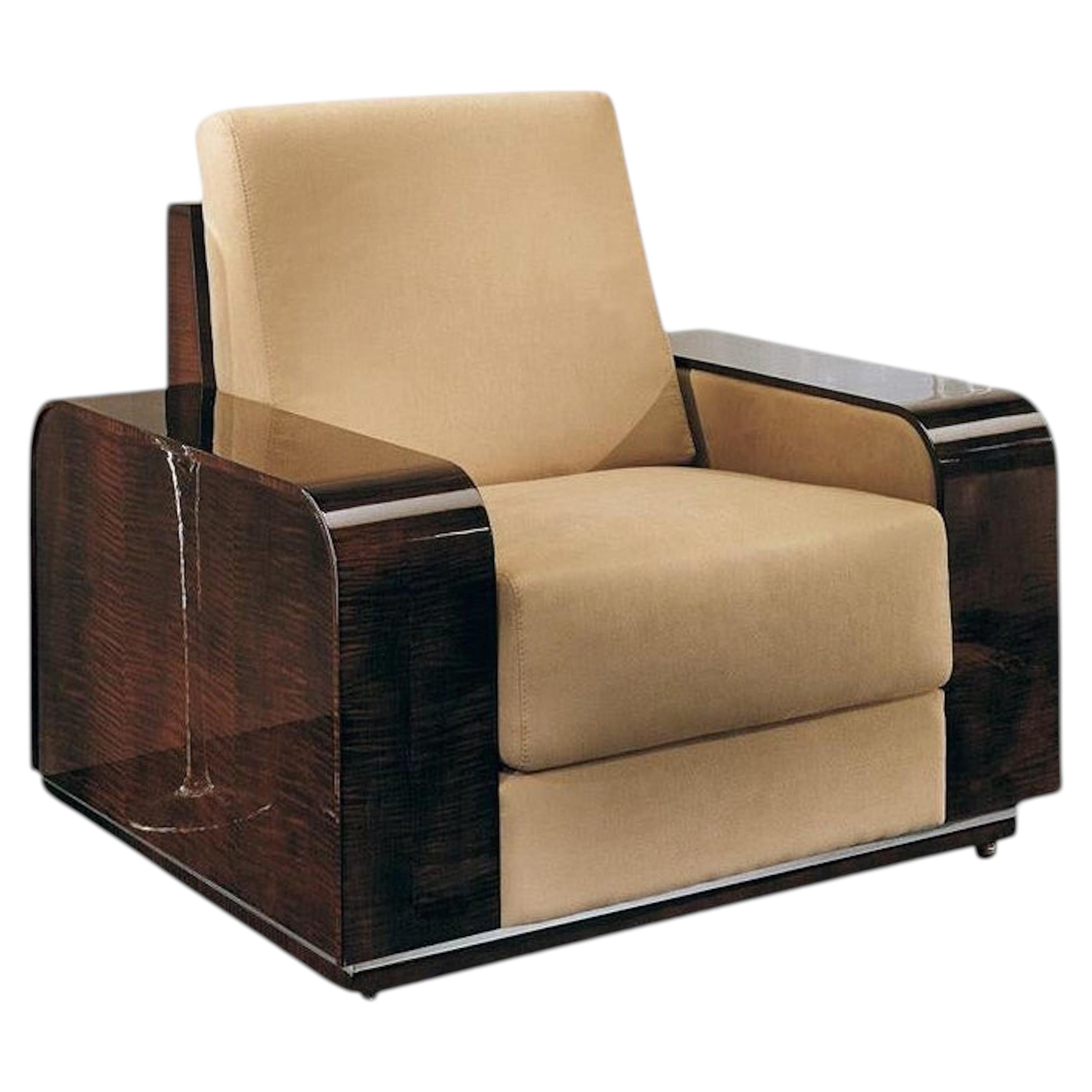Giorgio Italian Art Deco Style Arm Chair Curly Sycamore High Gloss Finish