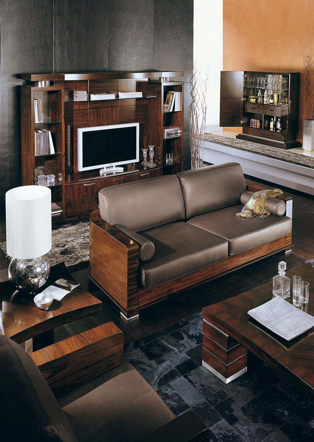 Art Déco Giorgio Italian Paradiso Sofa Palissandro Brasiliano Satinato Wood Wood Beige Suede in vendita