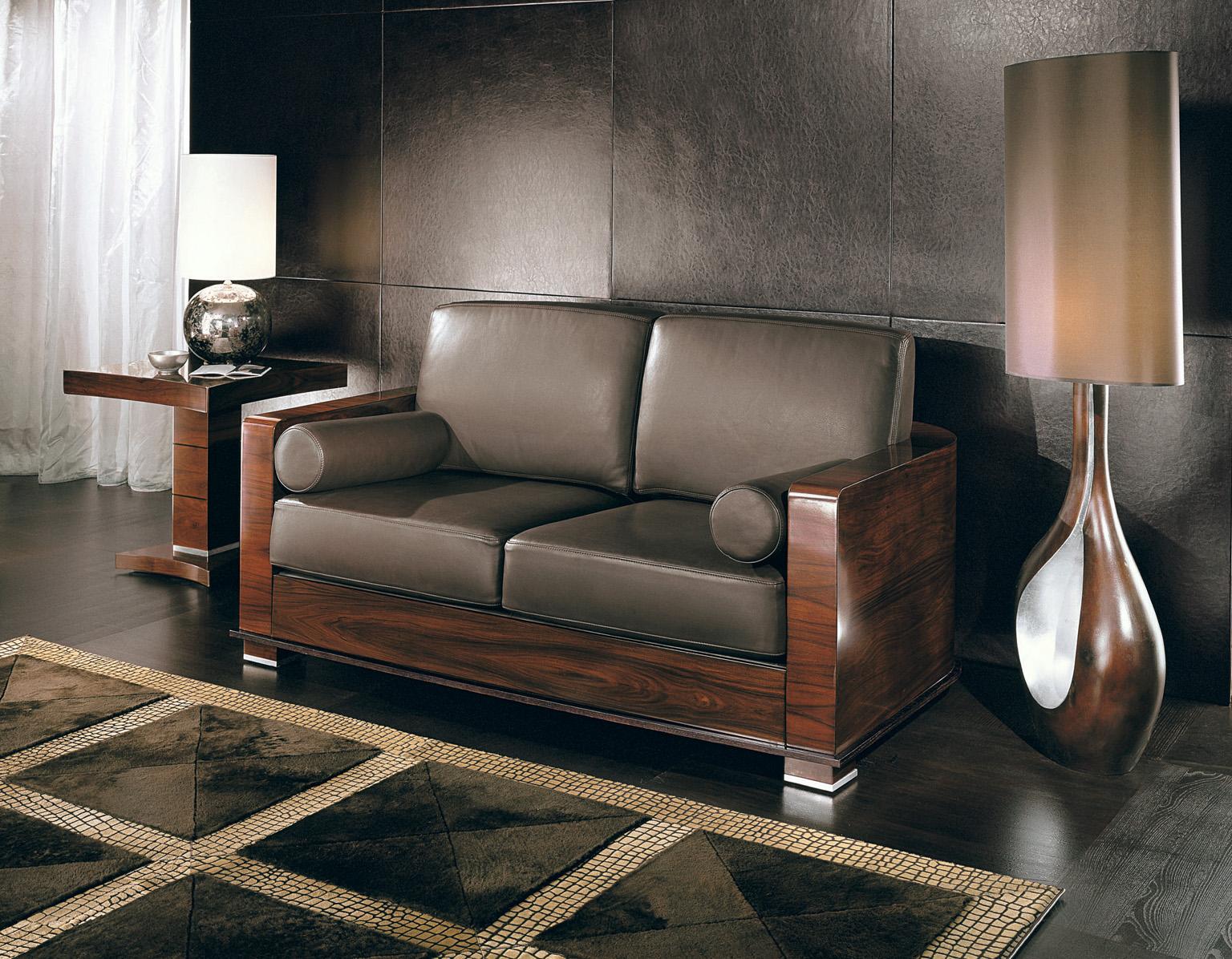 Giorgio Italian Paradiso Sofa Brazilian Rosewood Satin Finish Wood Brown Leather In New Condition For Sale In New York, NY