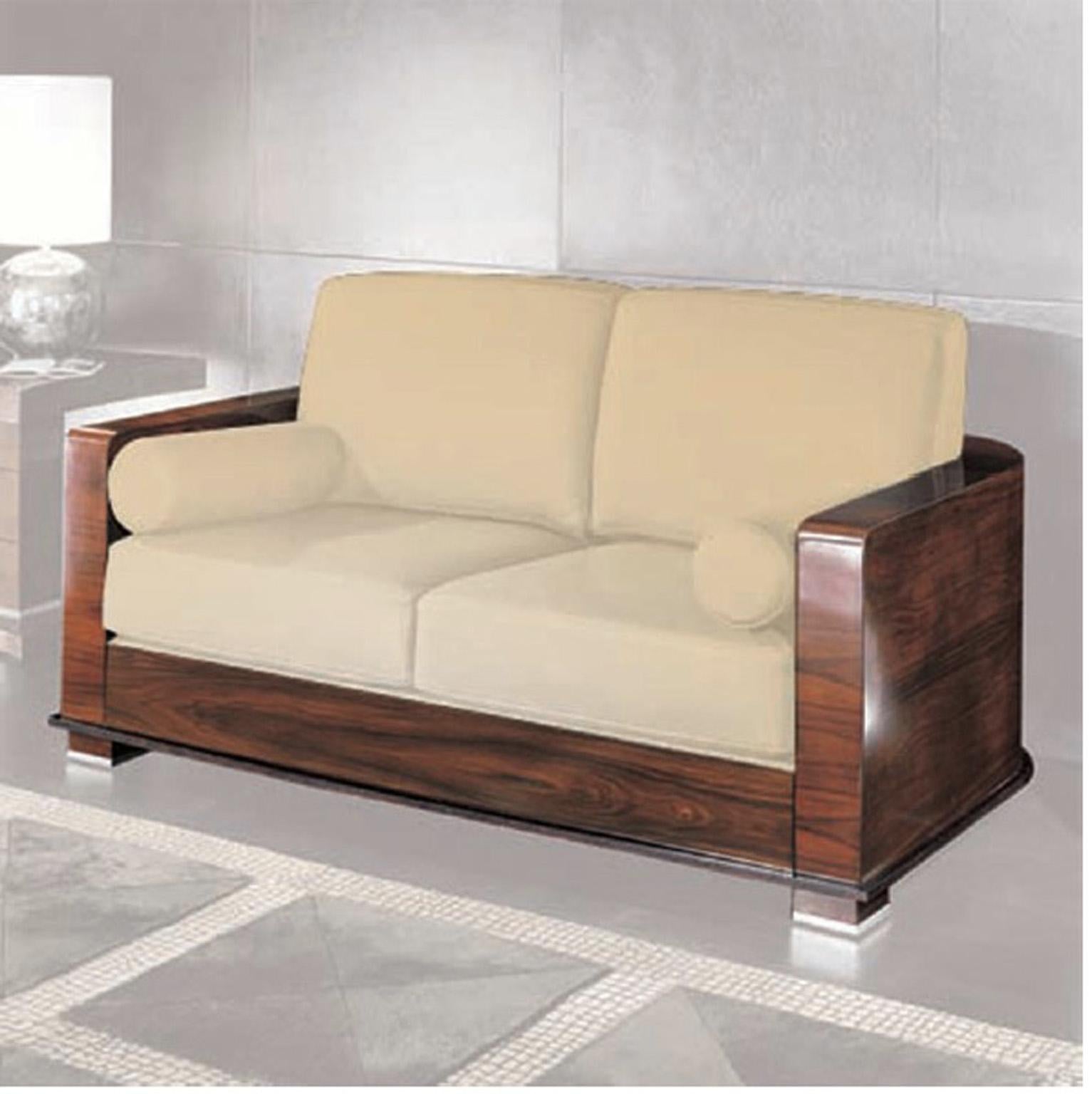 Giorgio Italienisches Paradiso Sofa aus brasilianischem Rosenholz mit satinierter Holzoberfläche und braunem Leder im Angebot 3