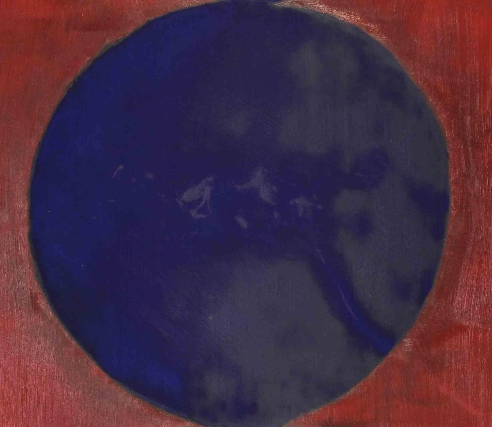Cerchi blu su rosso - Pittura a olio di Giorgio Lo Fermo - 2019 1
