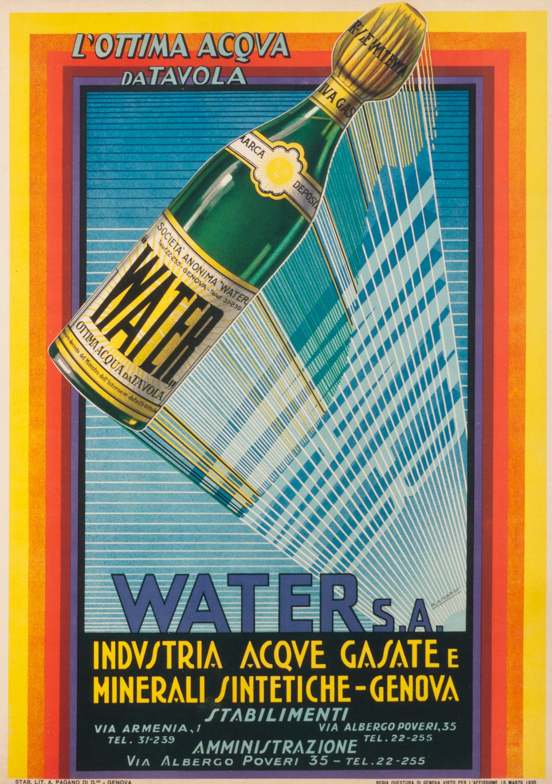 Giorgio Matteo Aicardi Still-Life Print - "Water S.A." Original Vintage Italian 1930s Art Deco/Futurist Beverage Poster